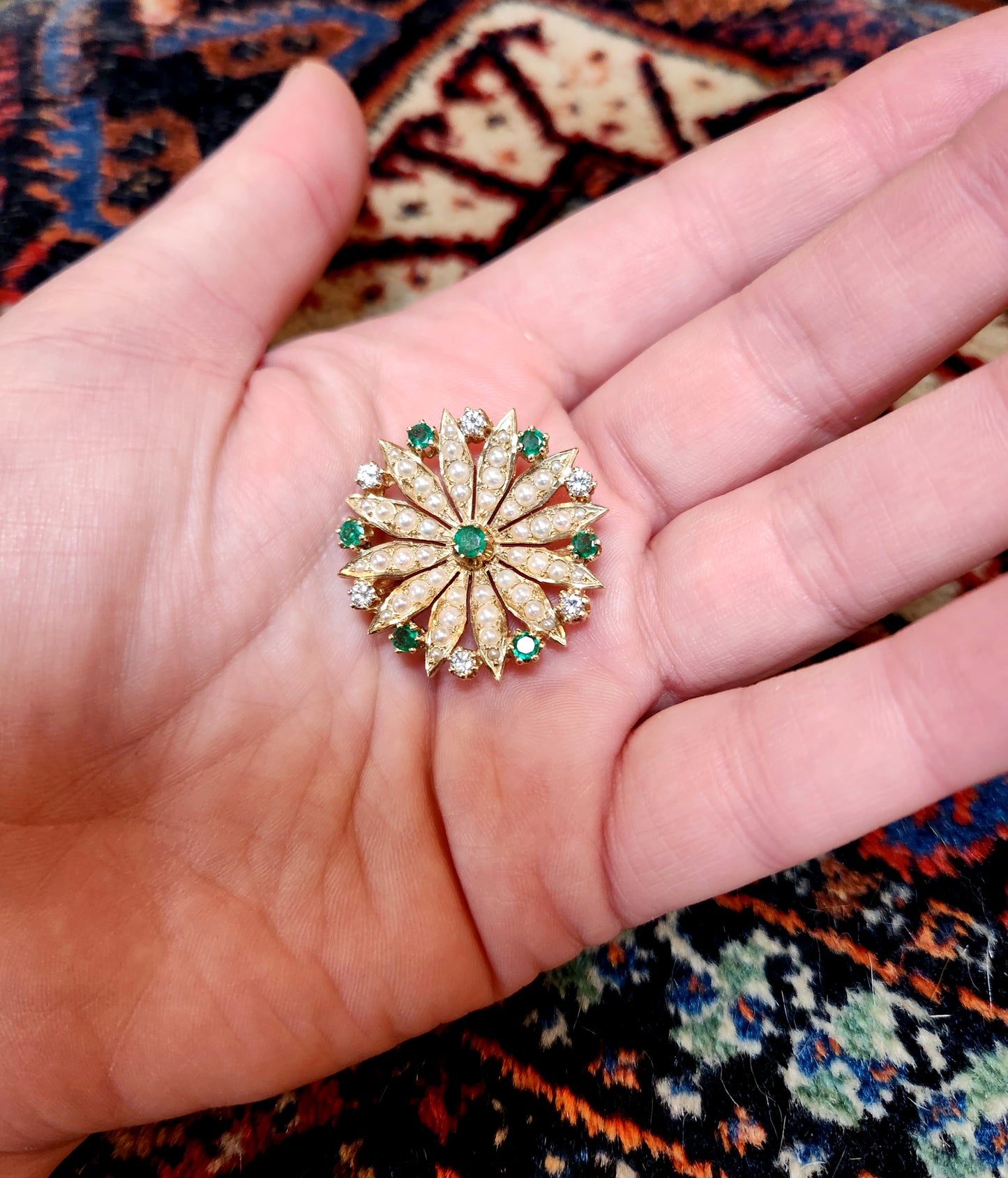 Vintage 14K, Diamond, Emerald & Seed Pearl Brooch/Pendant