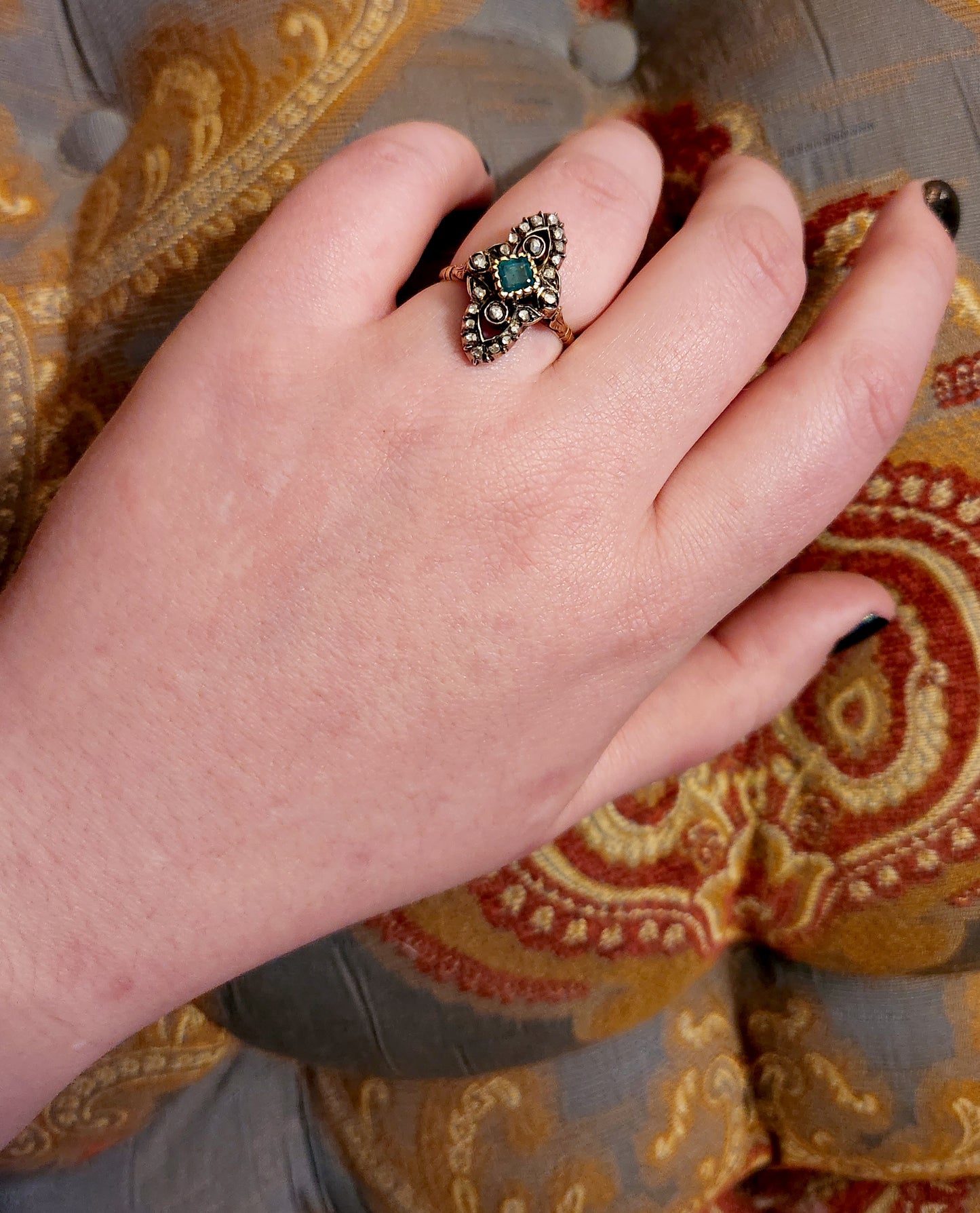 Antique 18K, Silver, Diamond & Emerald Navette Ring