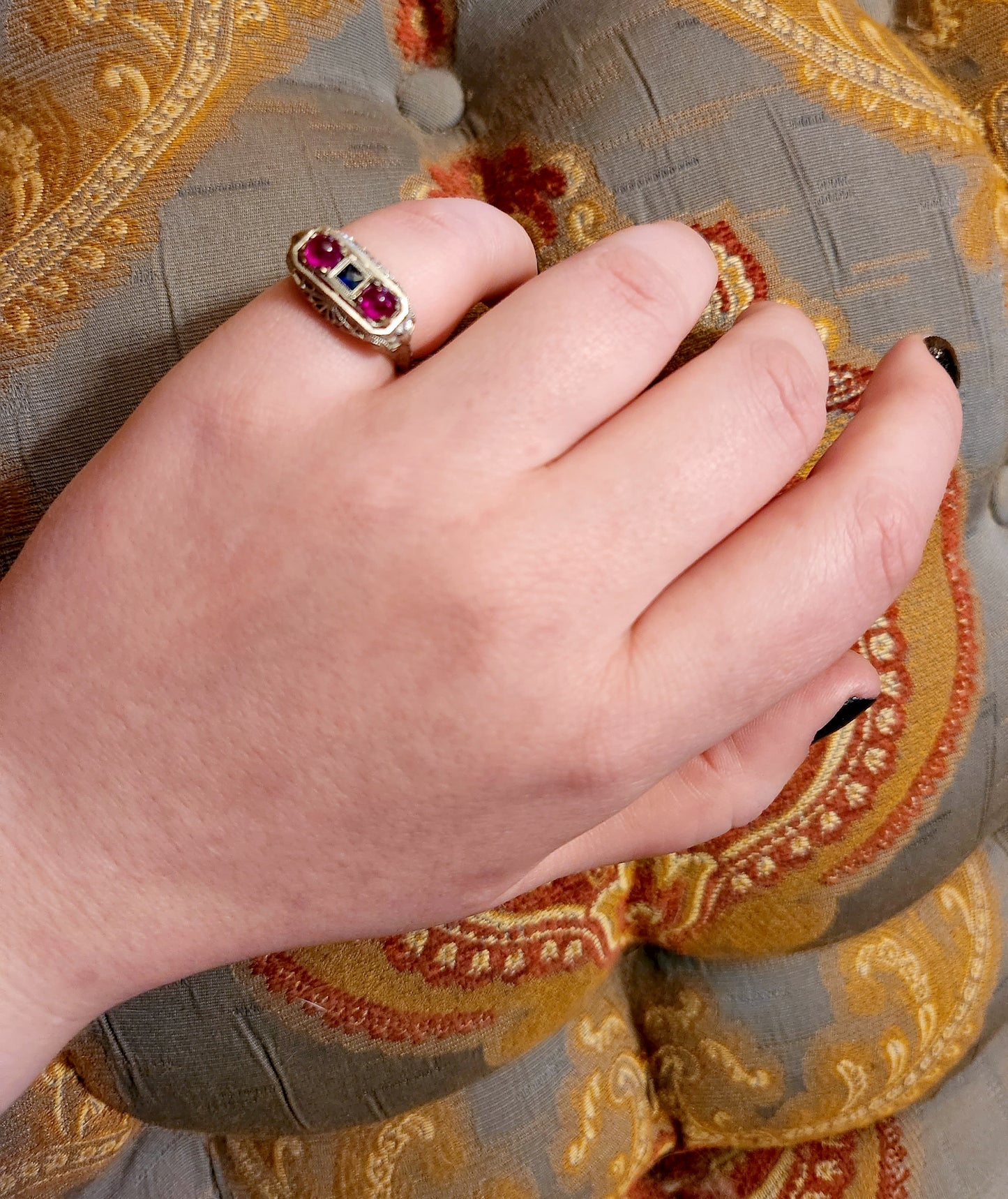 SOLD Antique Art Deco 18K, Ruby & Sapphire Ring