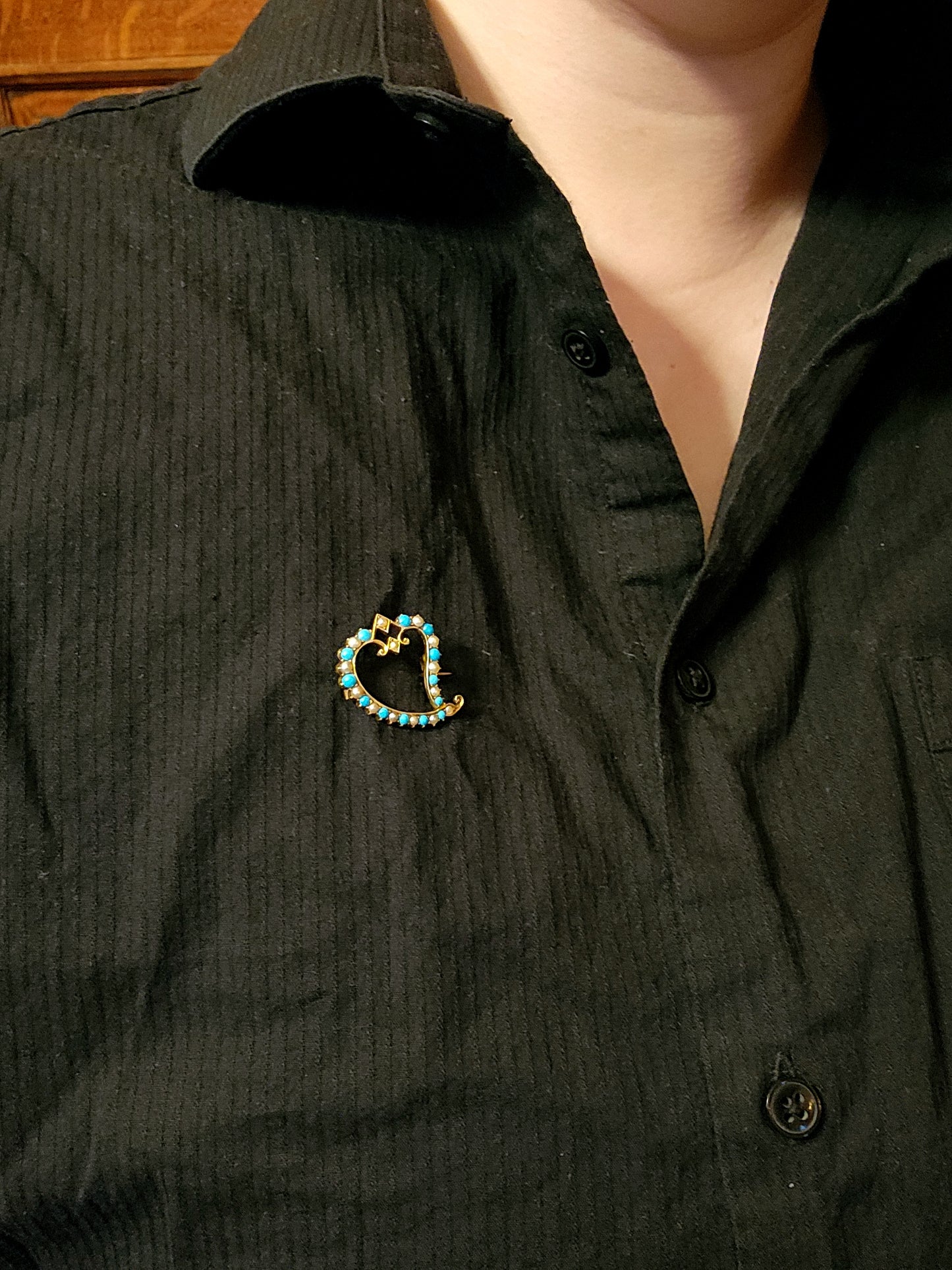 SOLD Antique 15K, Turquoise & Seed Pearl Witch's Heart Brooch K