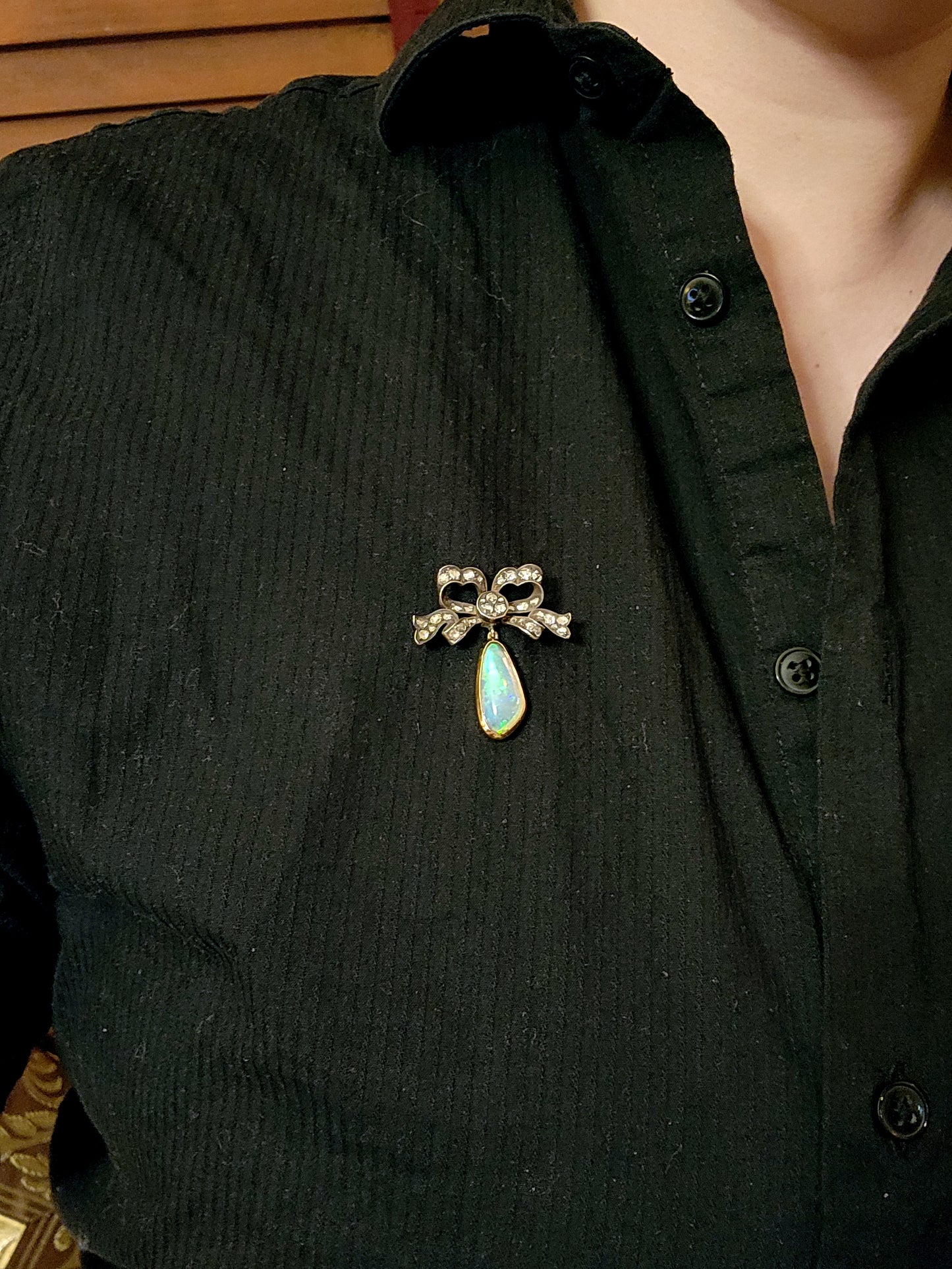 SOLD Antique 14K, Silver, Diamond & Opal Drop Bow Brooch