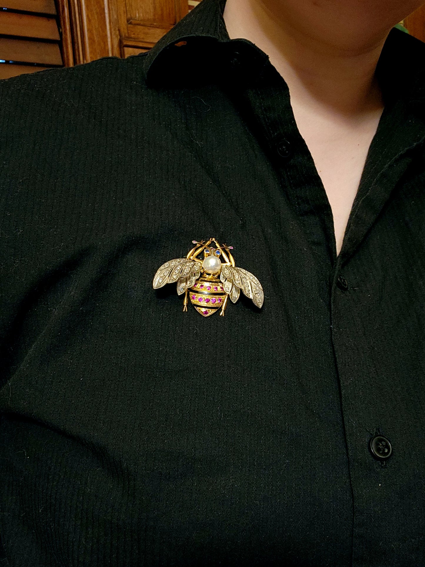 SOLD Vintage 18K, Diamond, Ruby, Sapphire & Pearl Bee Brooch
