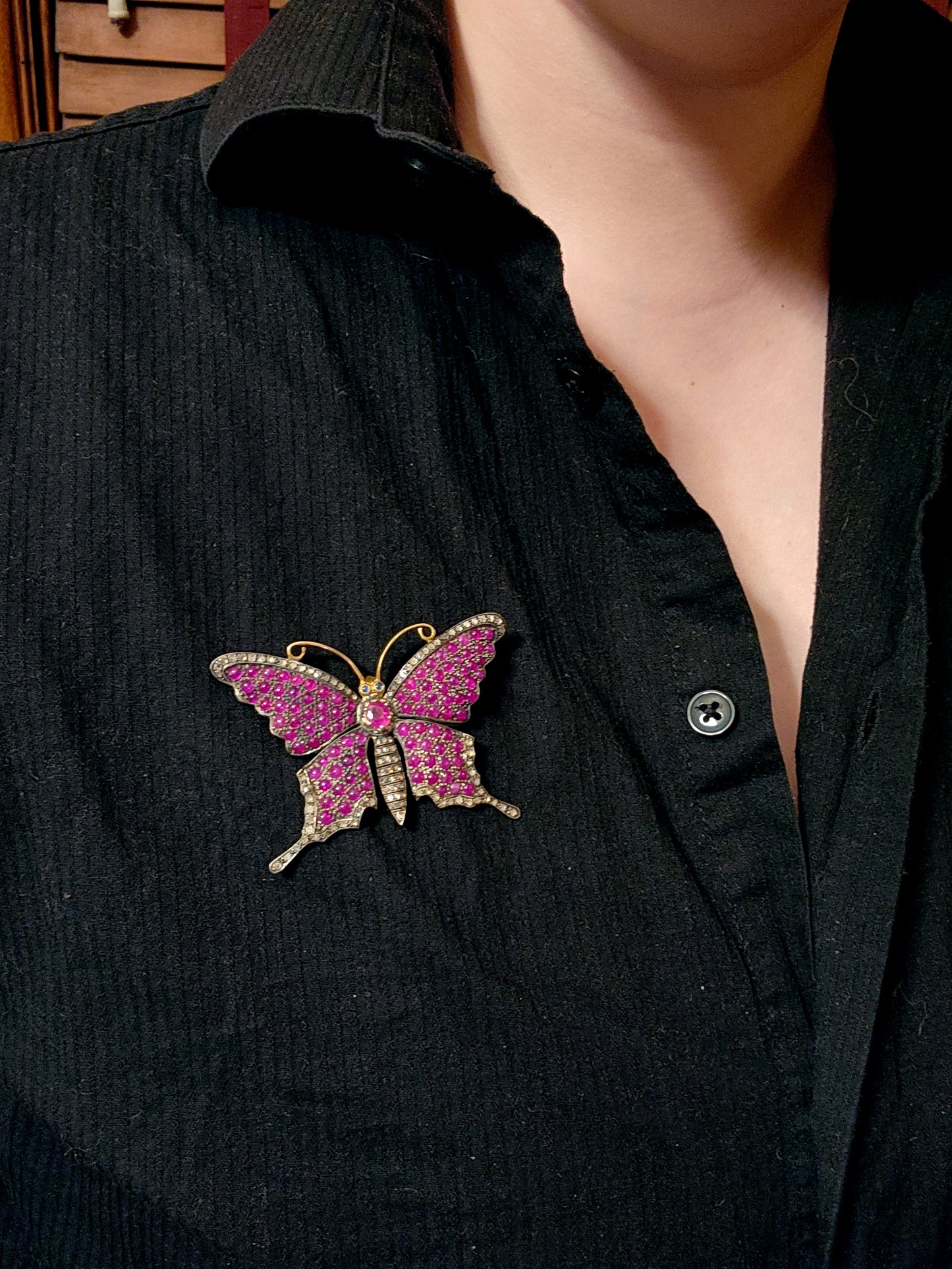 Antique Silver, Gold, Ruby & Diamond Butterfly Brooch