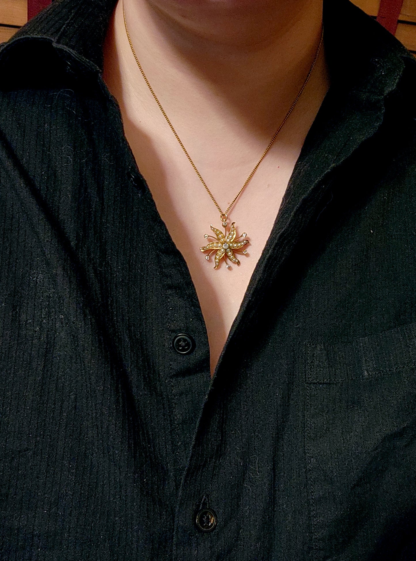 Antique 14K, Diamond & Pearl Starburst Brooch/Pendant With 12K Gold Filled Chain