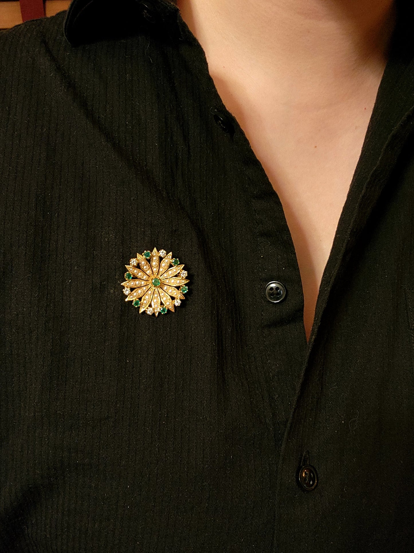 Vintage 14K, Diamond, Emerald & Seed Pearl Brooch/Pendant