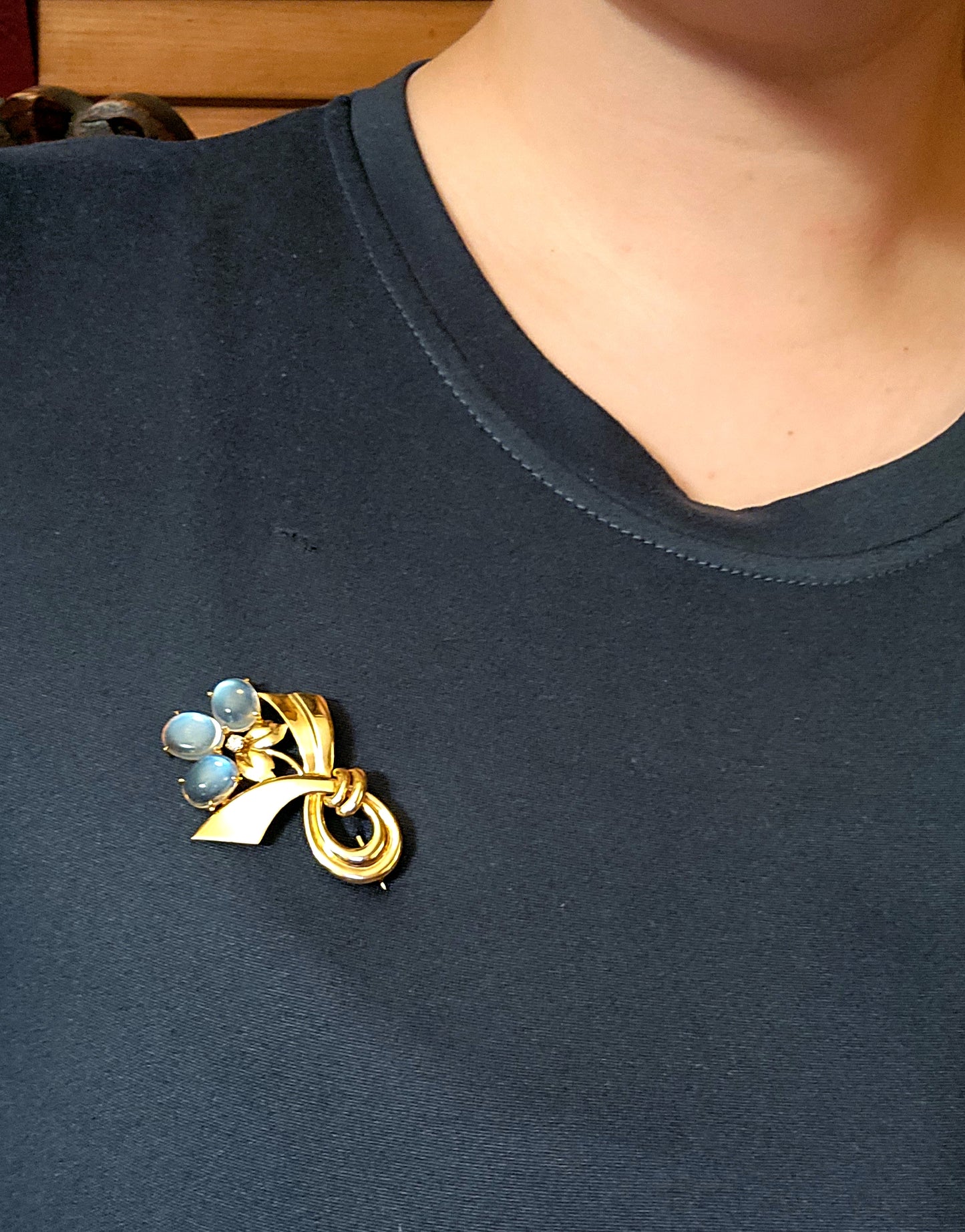 Sold Vintage Retro 14K, Diamond & Moonstone Floral Brooch