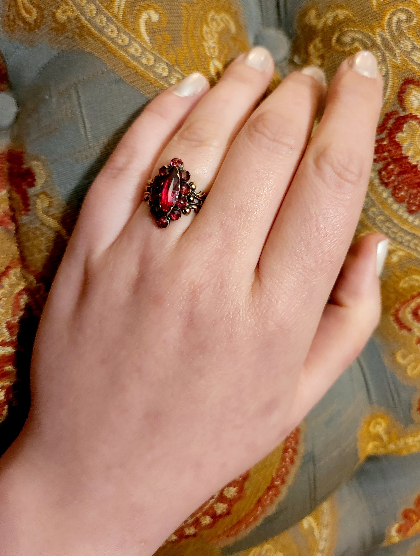 SOLD Antique French 18K & Foiled Perpignan Garnet Navette Ring