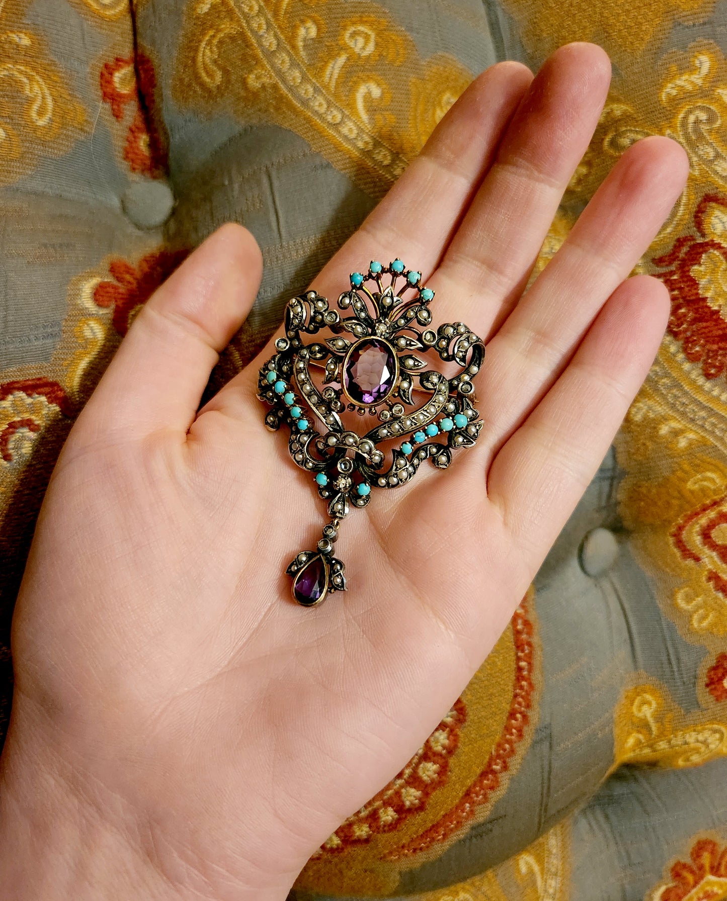 SOLD Antique 18K, Silver, Diamond, Amethyst, Turquoise & Seed Pearl Brooch