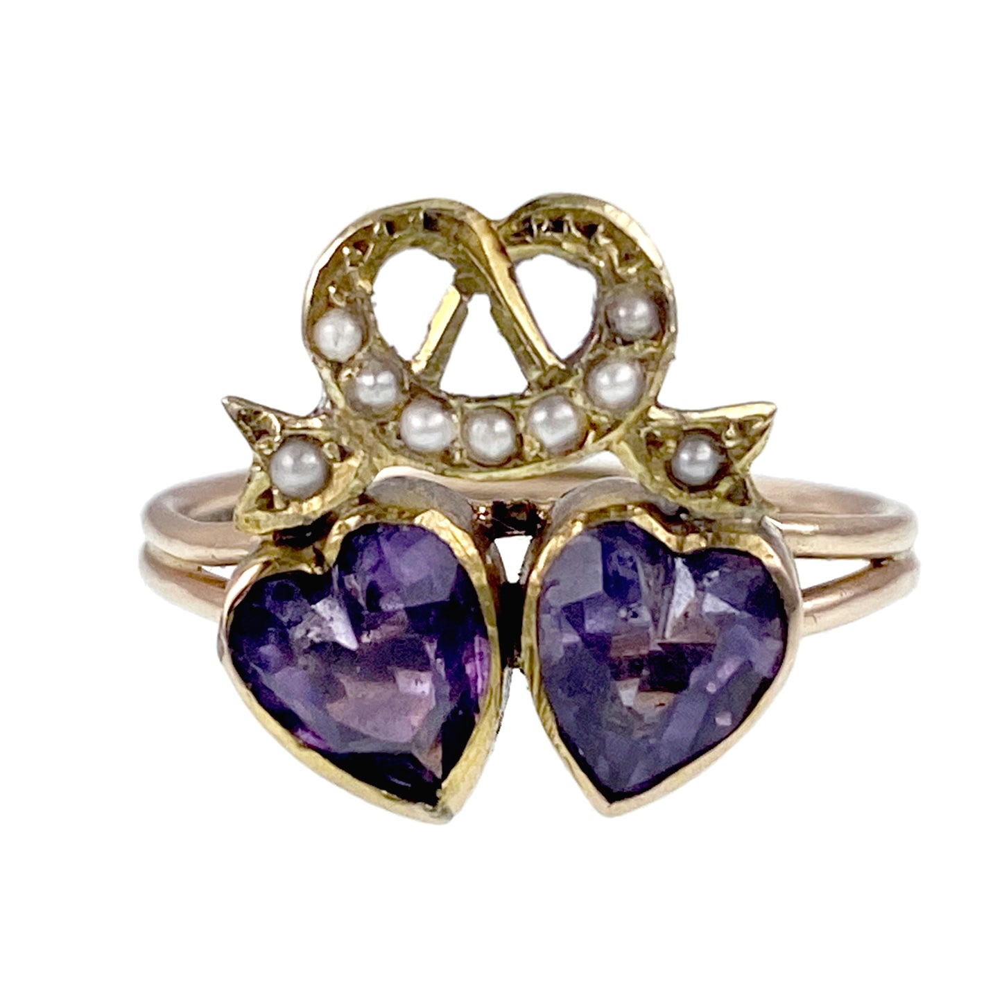 Antique 14K, Amethyst & Seed Pearl Double Heart Conversion Ring