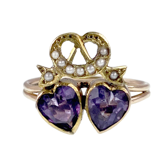 Antique 14K, Amethyst & Seed Pearl Double Heart Conversion Ring
