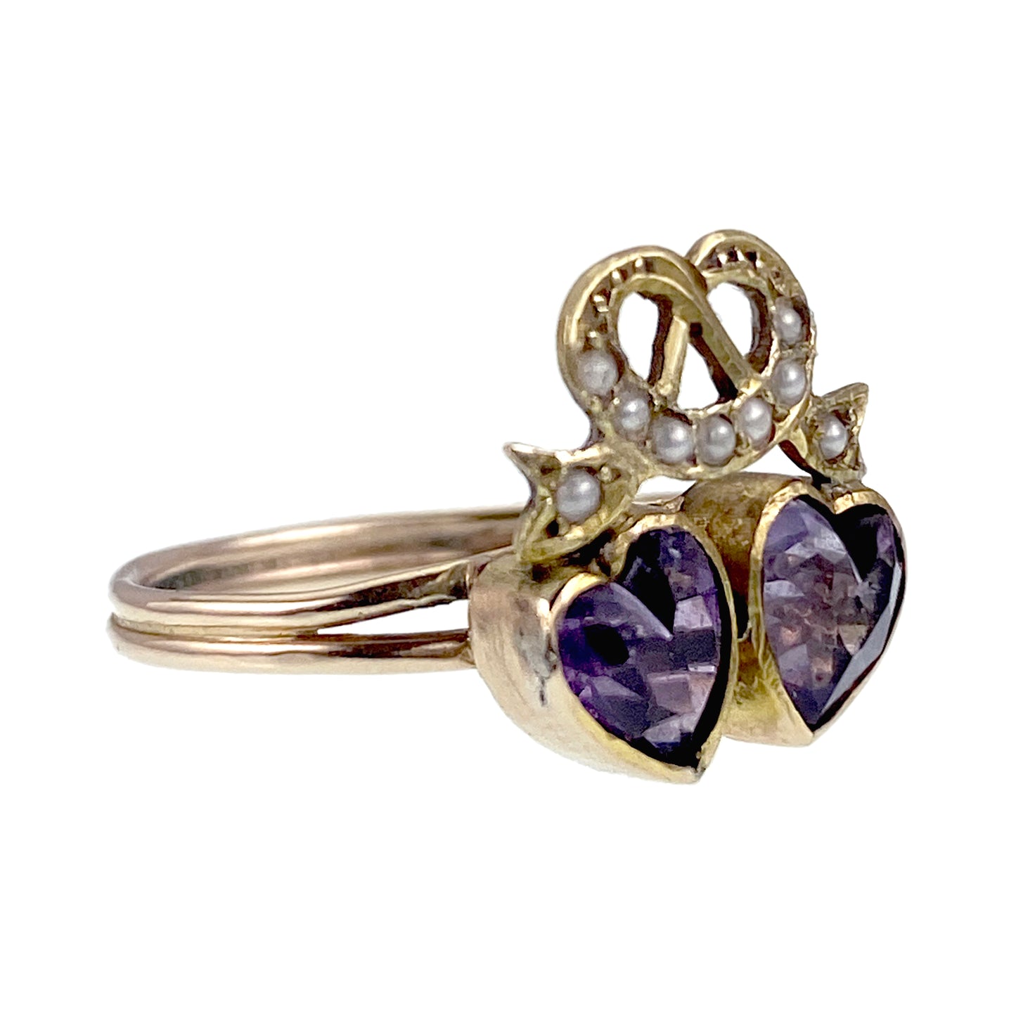 Antique 14K, Amethyst & Seed Pearl Double Heart Conversion Ring