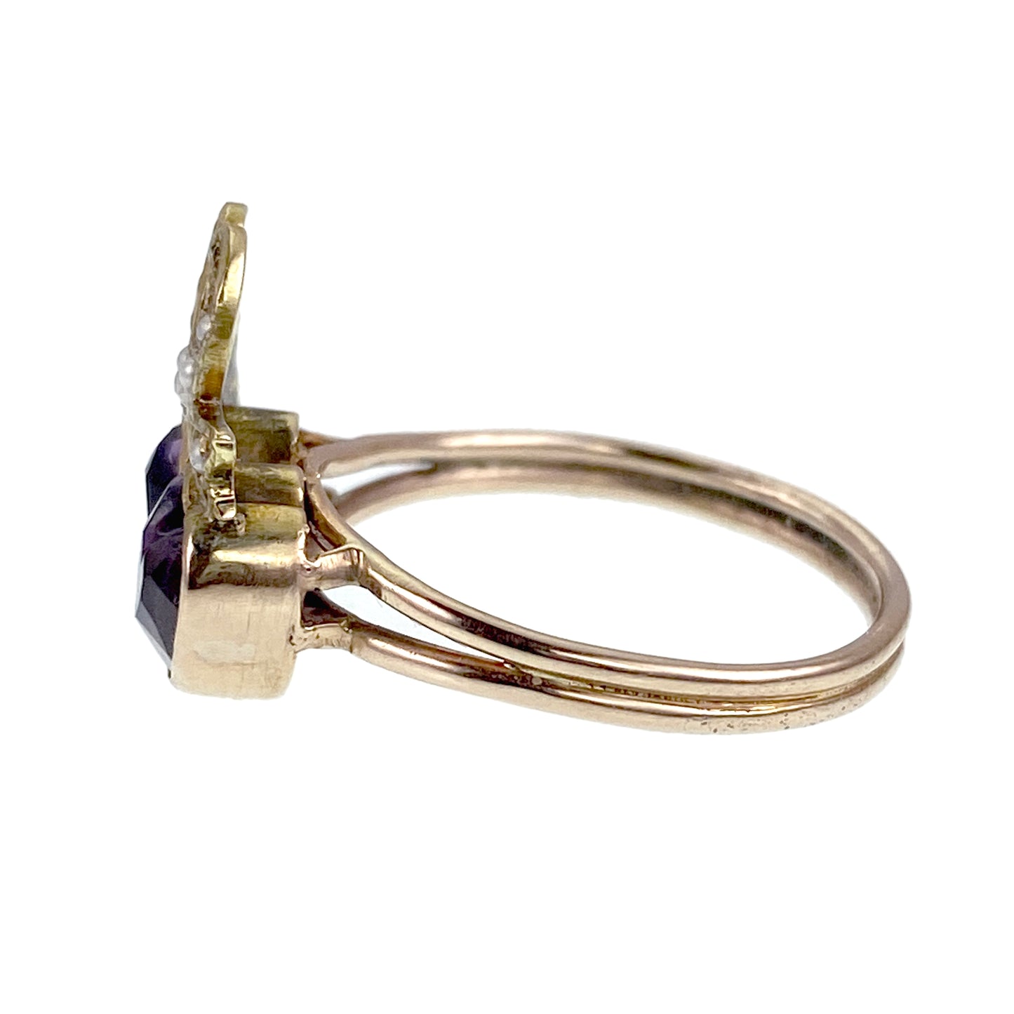 Antique 14K, Amethyst & Seed Pearl Double Heart Conversion Ring