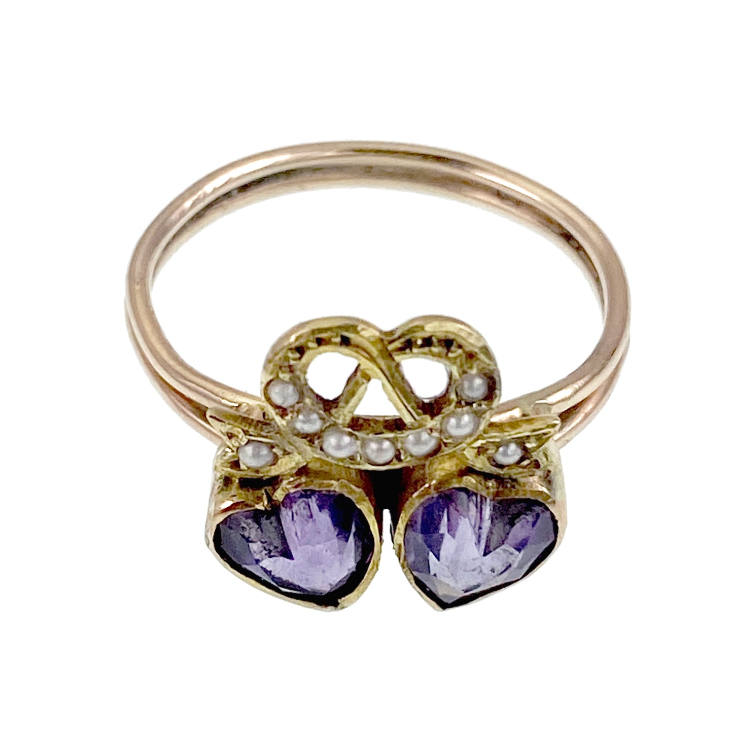 Antique 14K, Amethyst & Seed Pearl Double Heart Conversion Ring