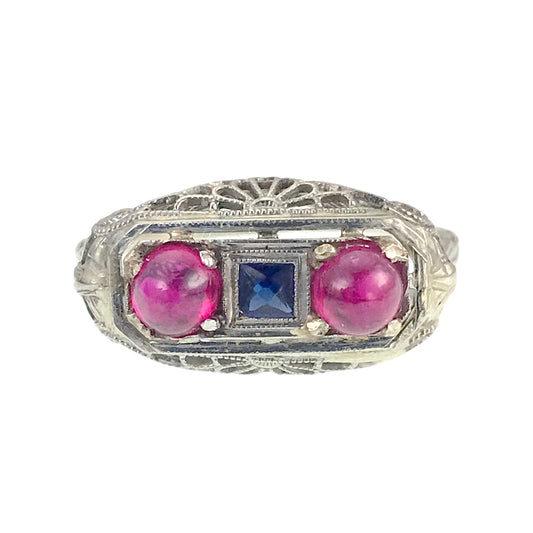 SOLD Antique Art Deco 18K, Ruby & Sapphire Ring