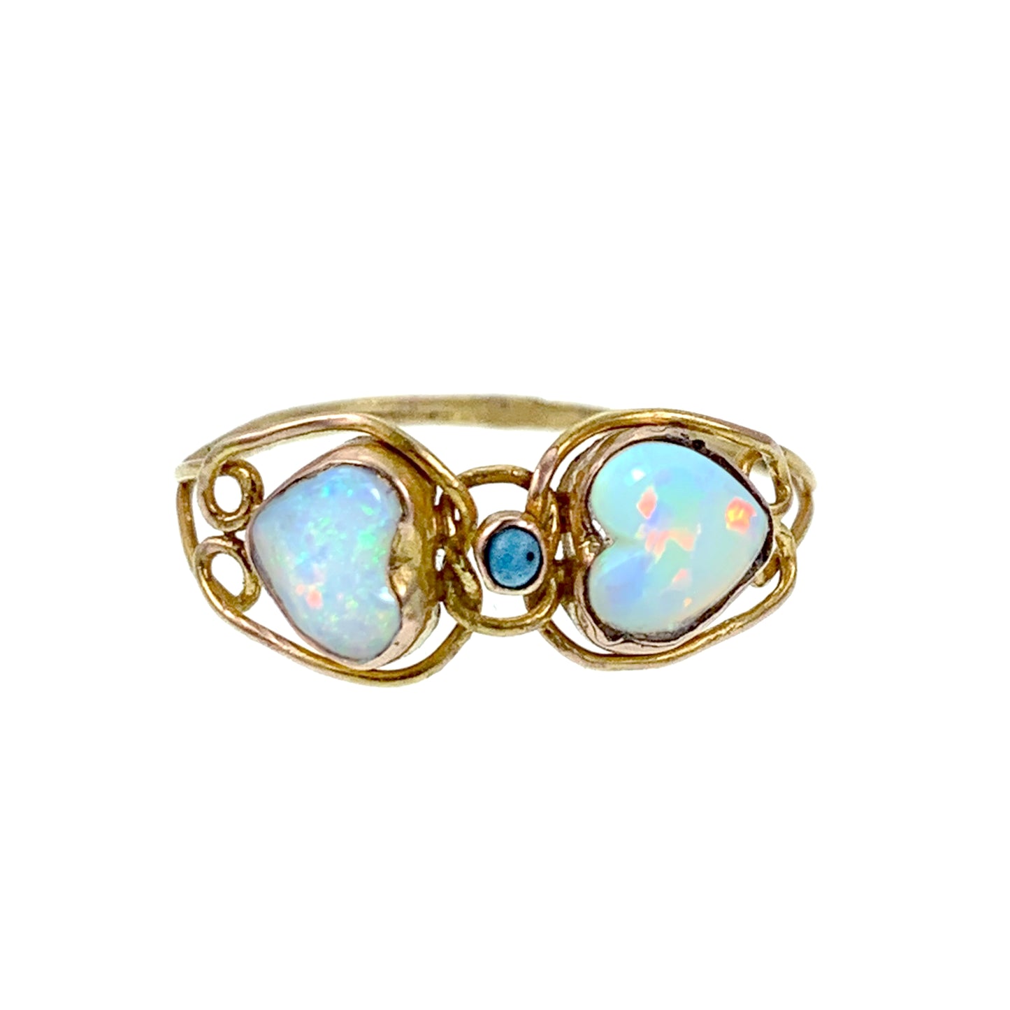 Antique 10K, Opal & Turquoise Double Heart Ring