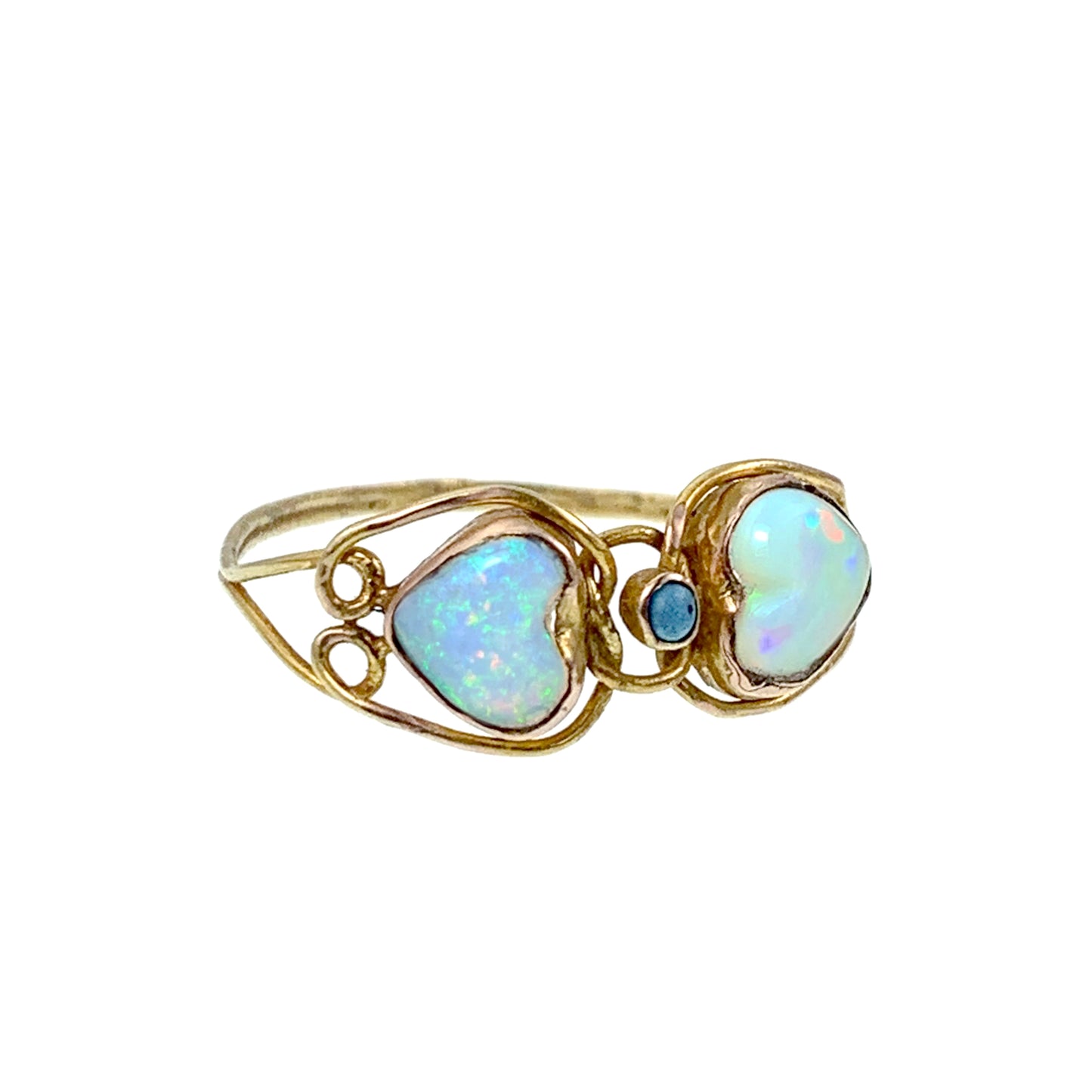 Antique 10K, Opal & Turquoise Double Heart Ring