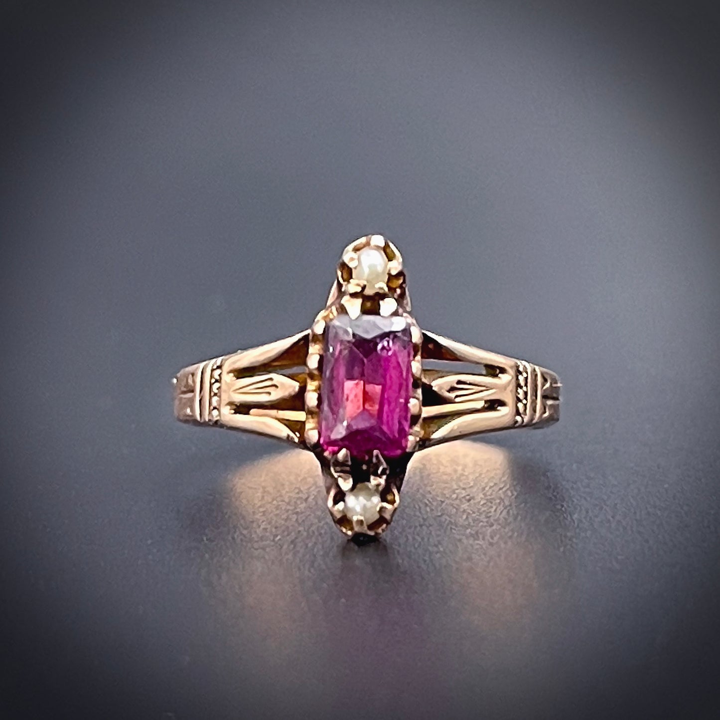 Antique Victorian 10K, Pink Tourmaline & Seed Pearl Ring