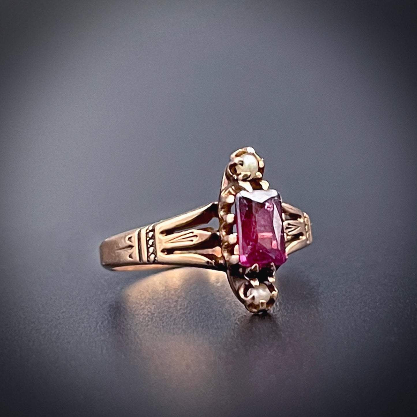 Antique Victorian 10K, Pink Tourmaline & Seed Pearl Ring