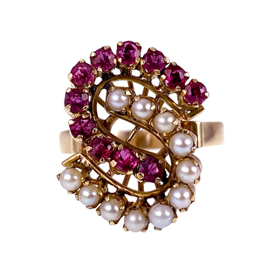 Vintage Retro 14K, Pink Sapphire & Pearl Horseshoe Ring