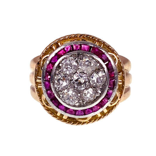 SOLD French Art Deco 18K, Platinum, Diamond & Ruby Target Ring