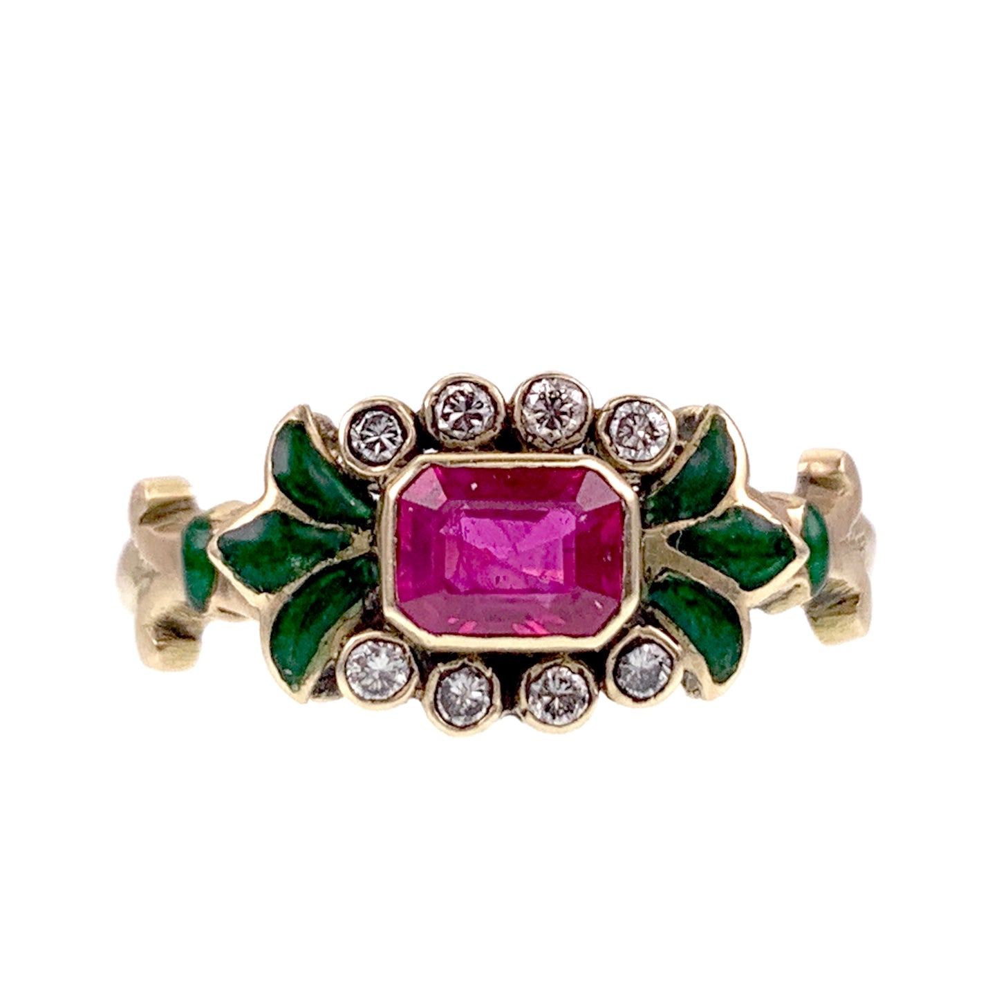 SOLD Vintage 18K, Diamond, Ruby & Enamel Ring