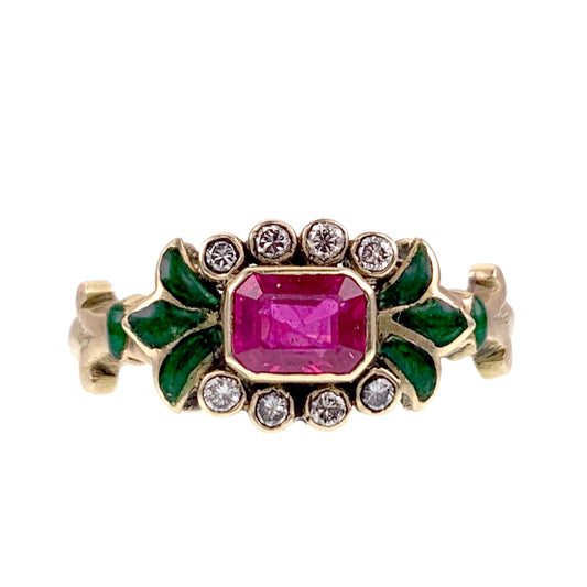 SOLD Vintage 18K, Diamond, Ruby & Enamel Ring