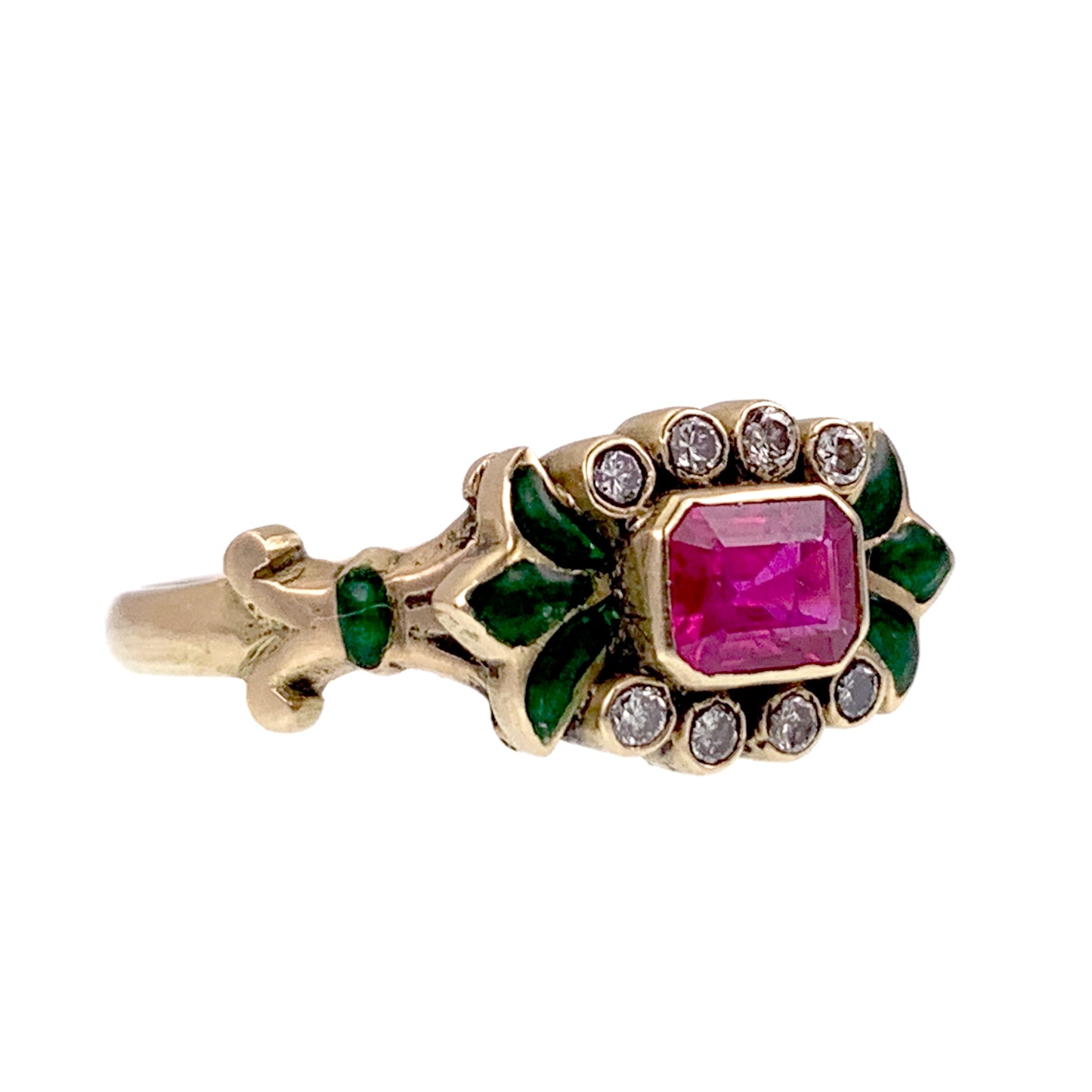 SOLD Vintage 18K, Diamond, Ruby & Enamel Ring