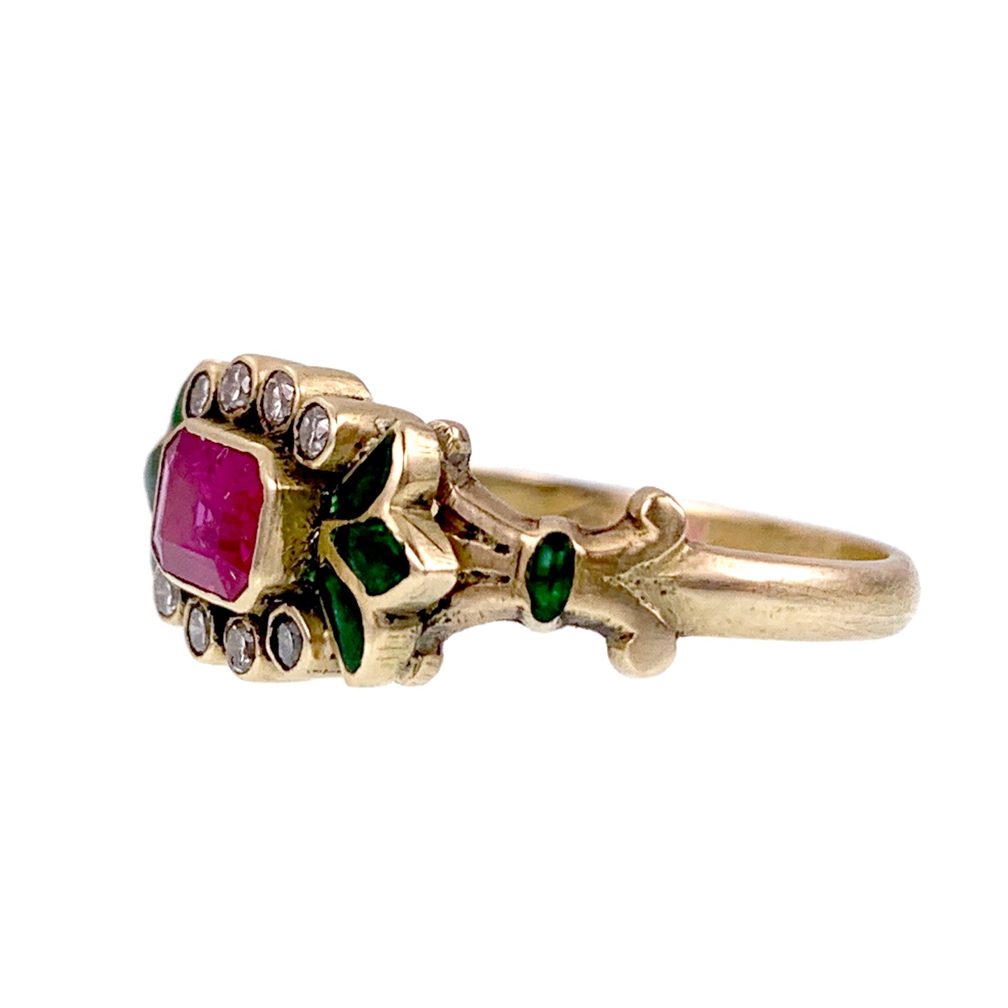 SOLD Vintage 18K, Diamond, Ruby & Enamel Ring
