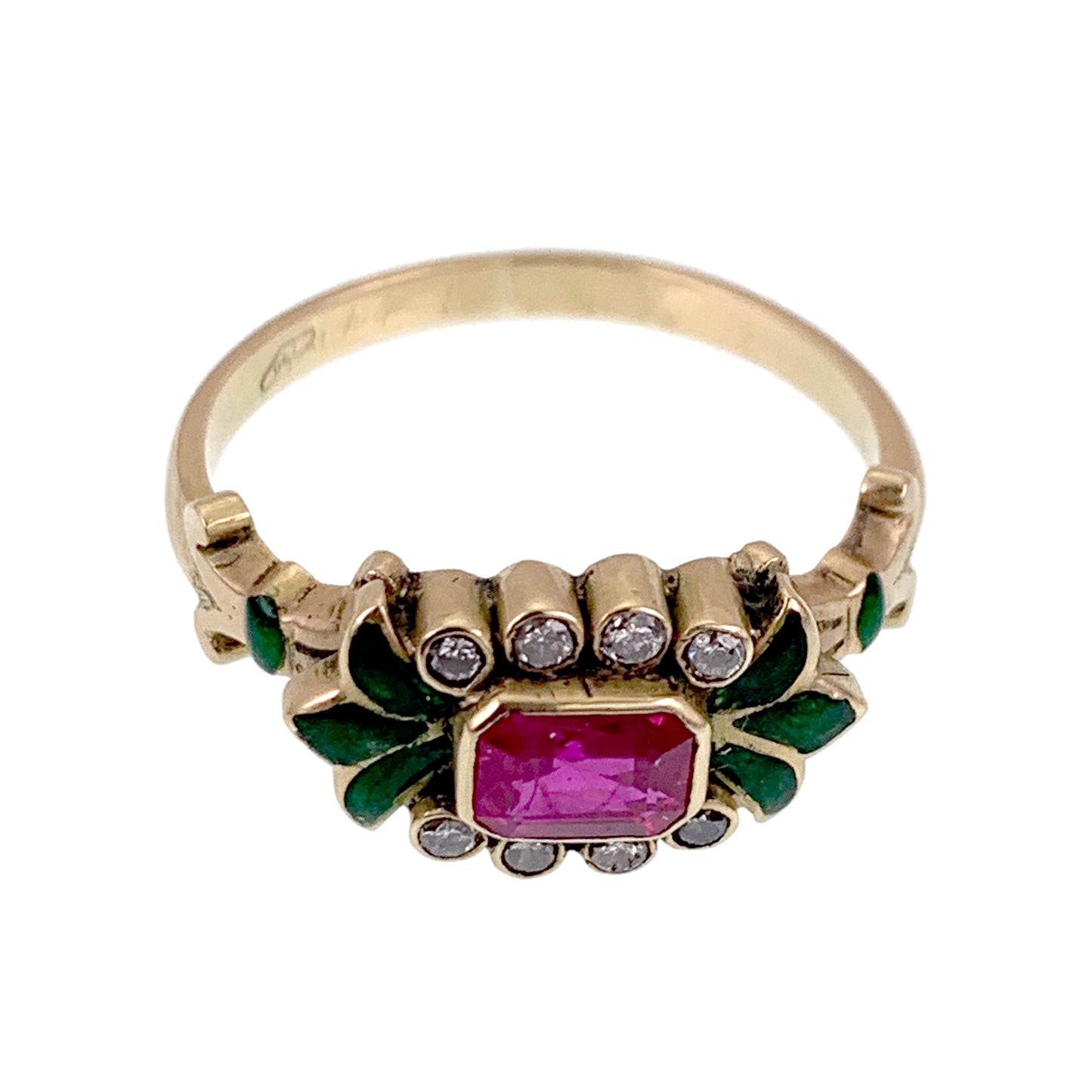 SOLD Vintage 18K, Diamond, Ruby & Enamel Ring