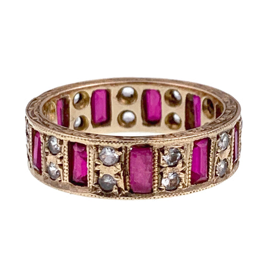 SOLD Vintage English 9K, Ruby & Quartz Crystal Eternity Band Ring