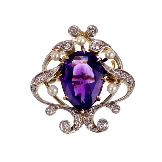 SOLD Antique Art Nouveau 14K, Platinum, Amethyst, Diamond & Pearl Brooch