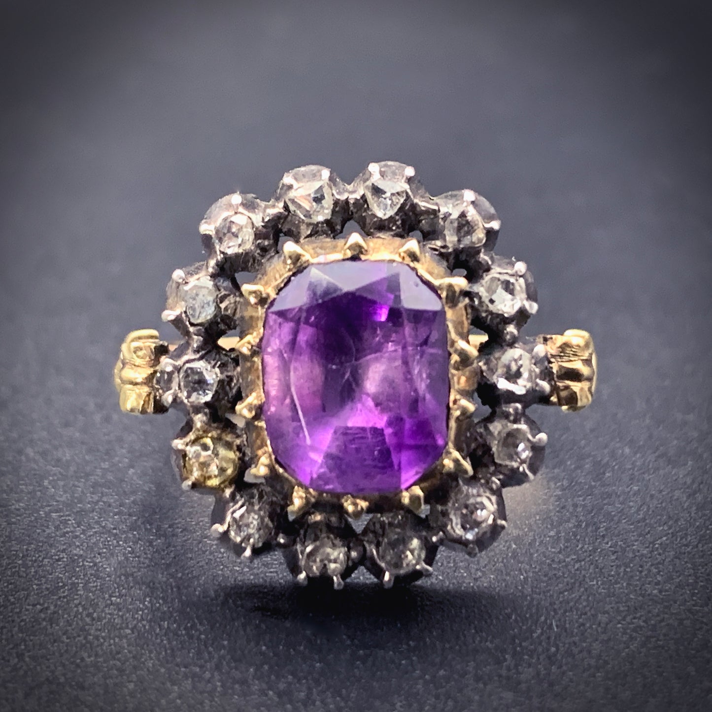 SOLD Antique Spanish 18K, Silver, Diamond & Amethyst Ring With Original Box