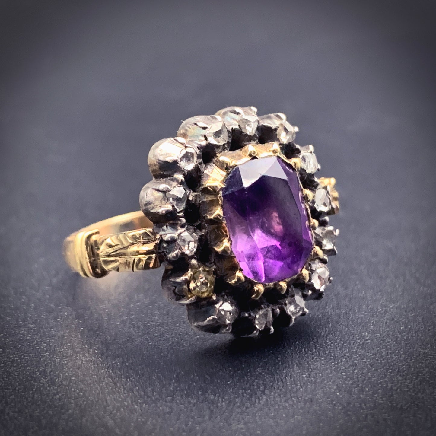 SOLD Antique Spanish 18K, Silver, Diamond & Amethyst Ring With Original Box