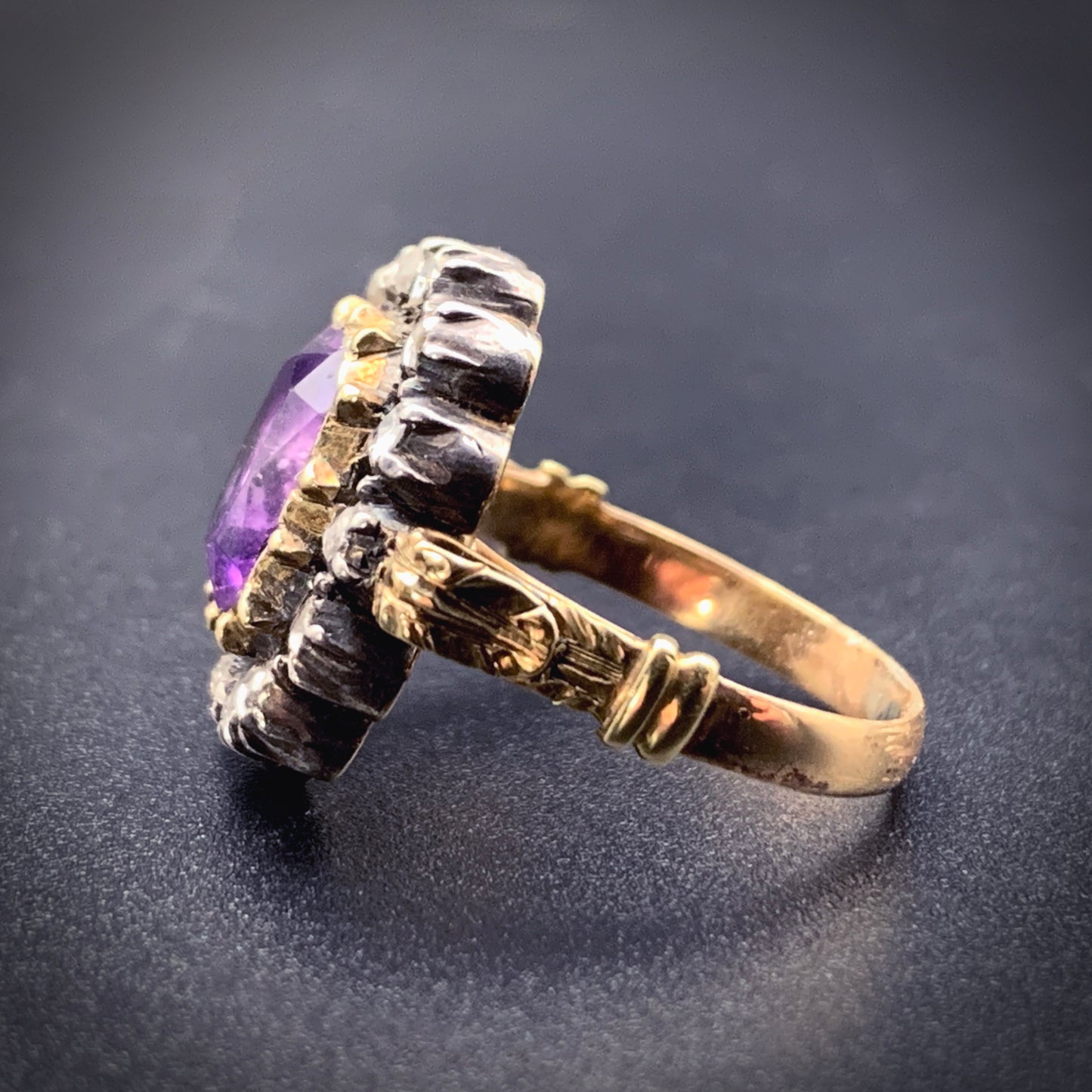 SOLD Antique Spanish 18K, Silver, Diamond & Amethyst Ring With Original Box