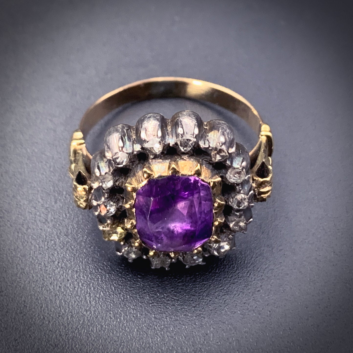 SOLD Antique Spanish 18K, Silver, Diamond & Amethyst Ring With Original Box