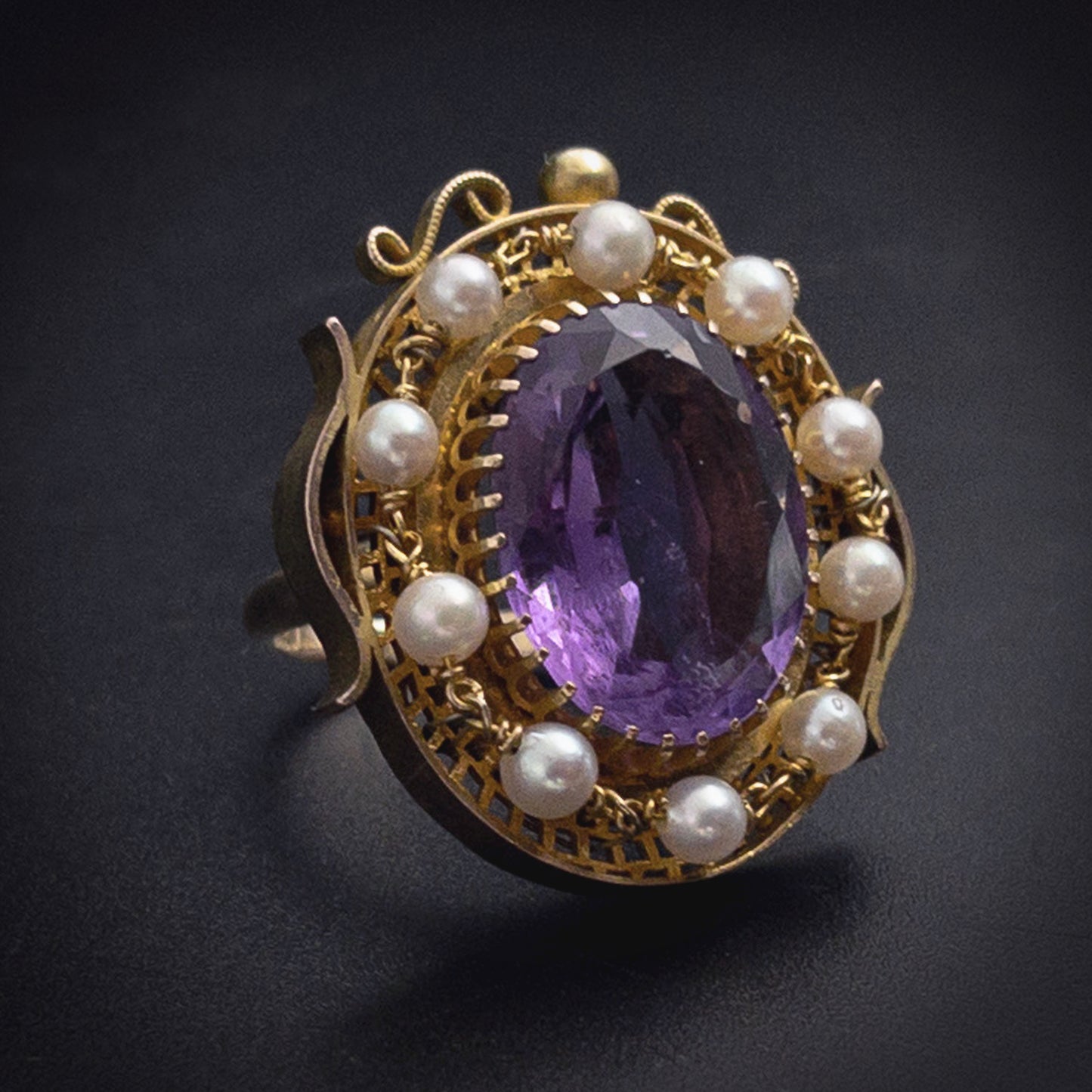 Antique 14K, Amethyst & Seed Pearl Conversion Ring