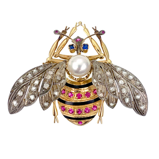 SOLD Vintage 18K, Diamond, Ruby, Sapphire & Pearl Bee Brooch