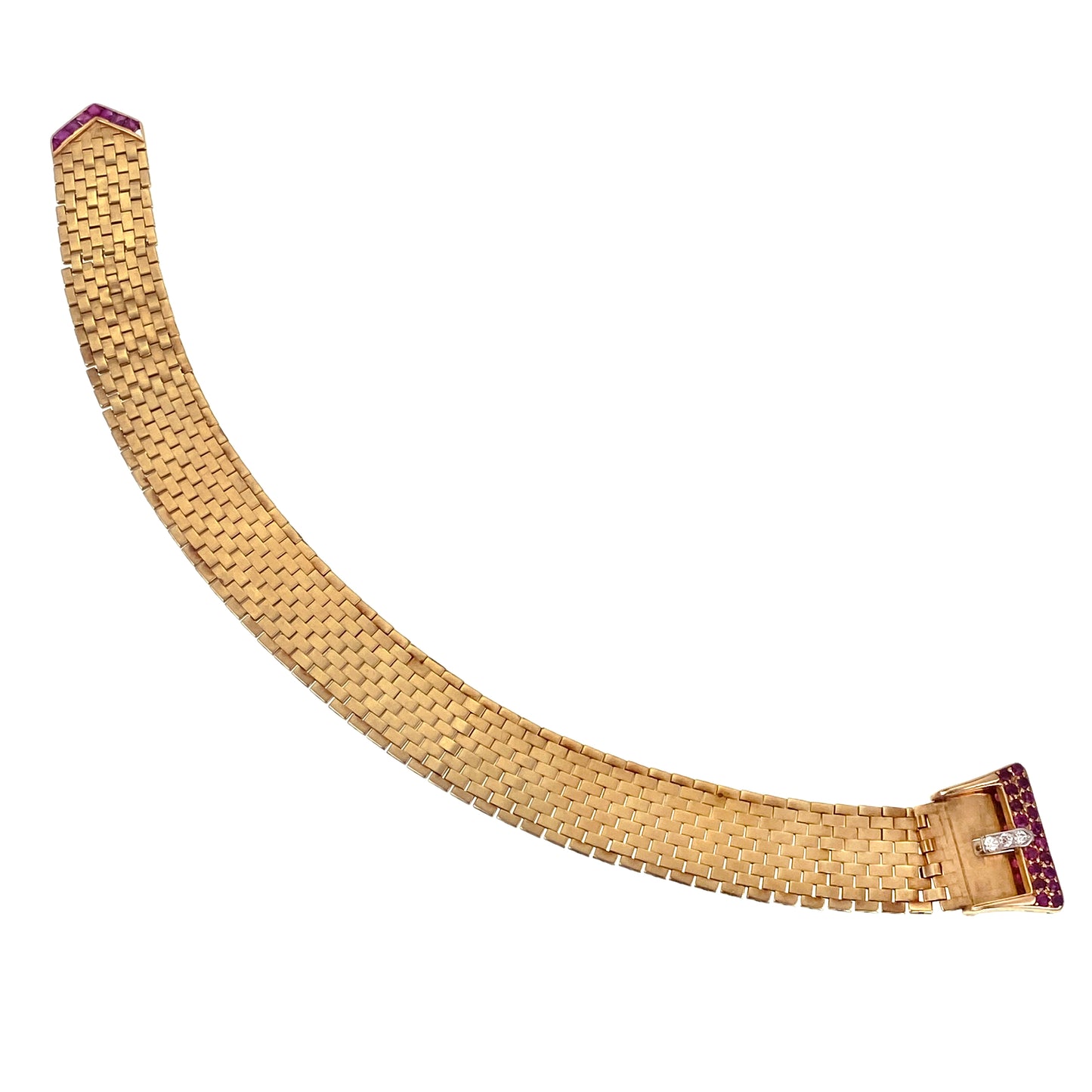 SOLD Retro 14K, Diamond & Ruby Buckle Bracelet