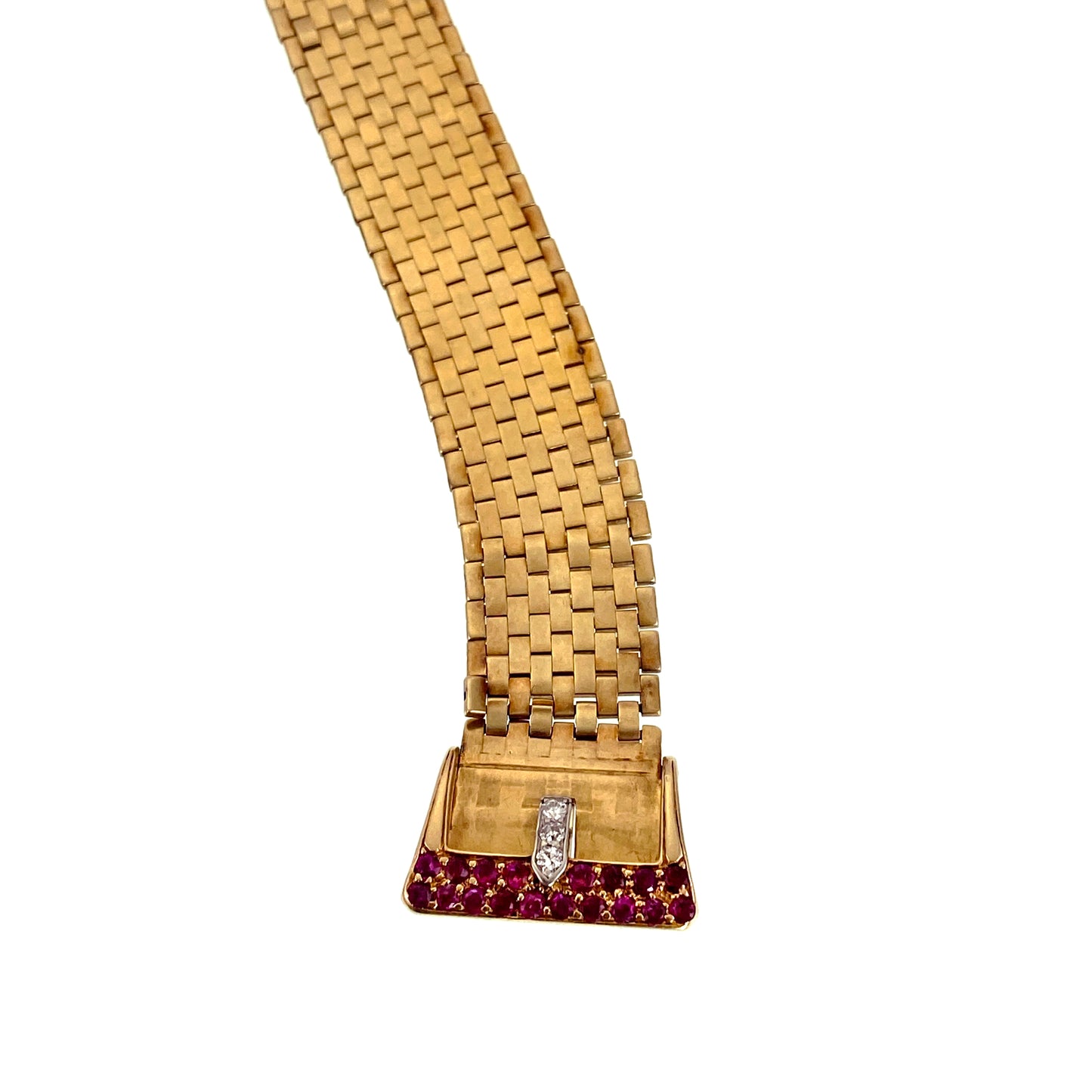 SOLD Retro 14K, Diamond & Ruby Buckle Bracelet