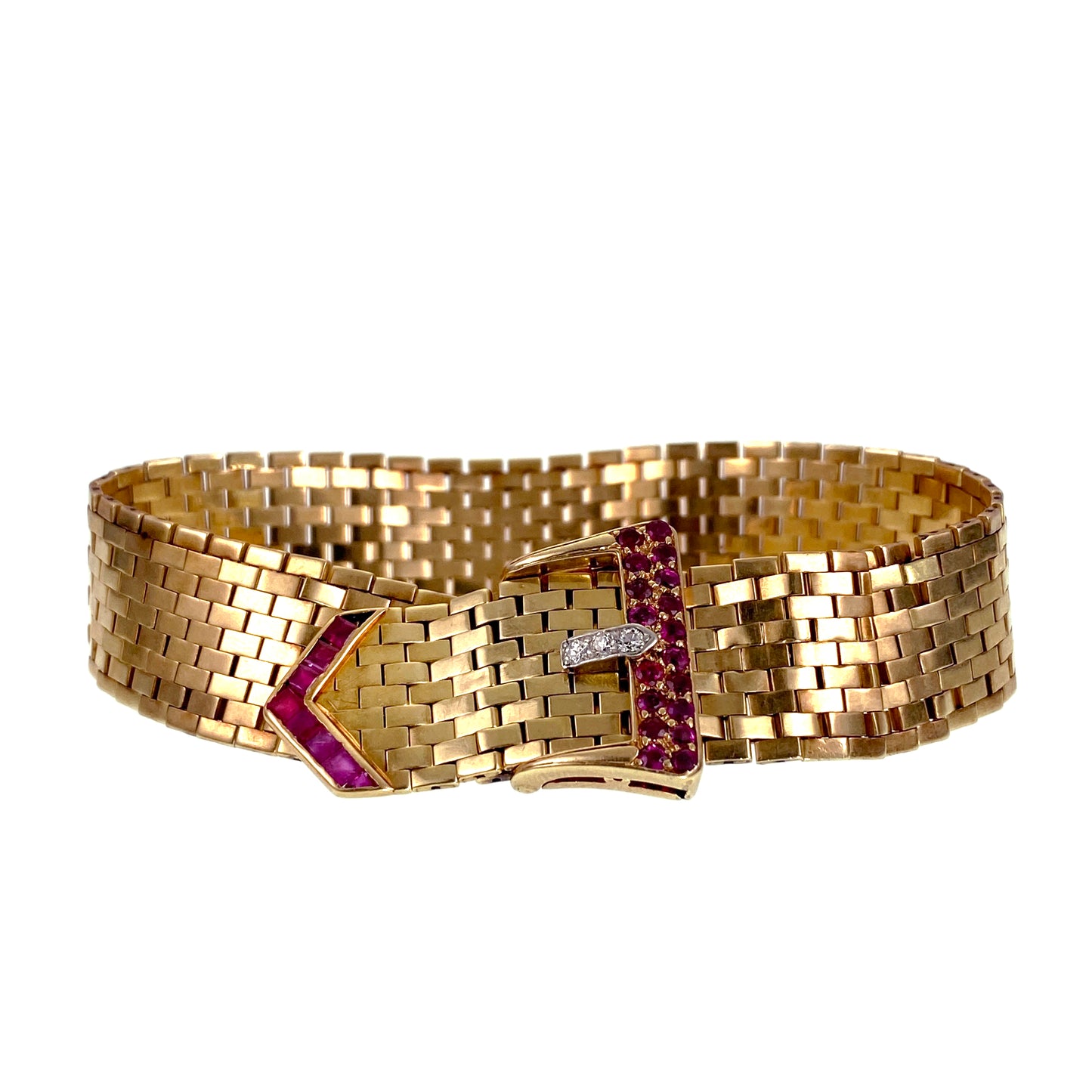 SOLD Retro 14K, Diamond & Ruby Buckle Bracelet