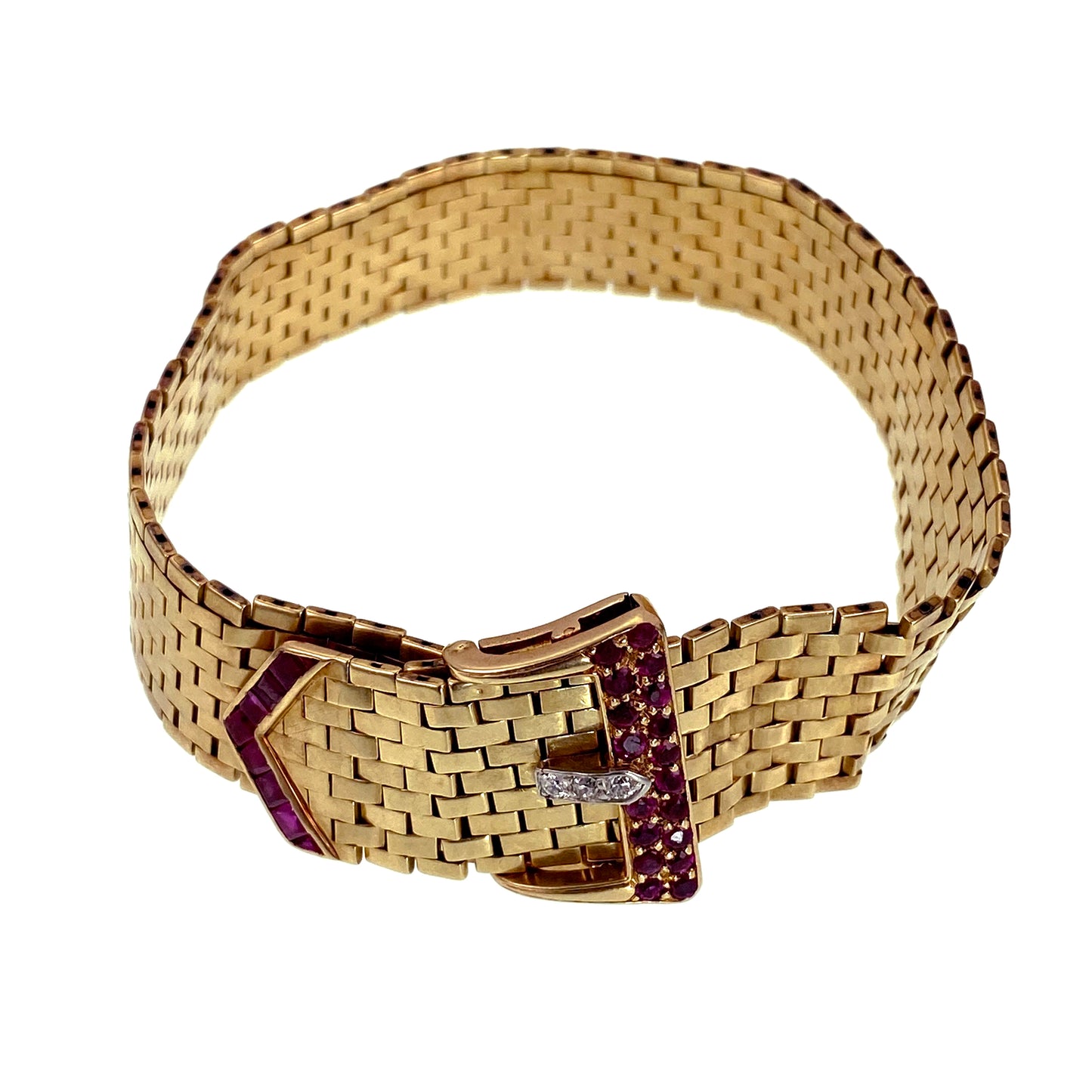 SOLD Retro 14K, Diamond & Ruby Buckle Bracelet