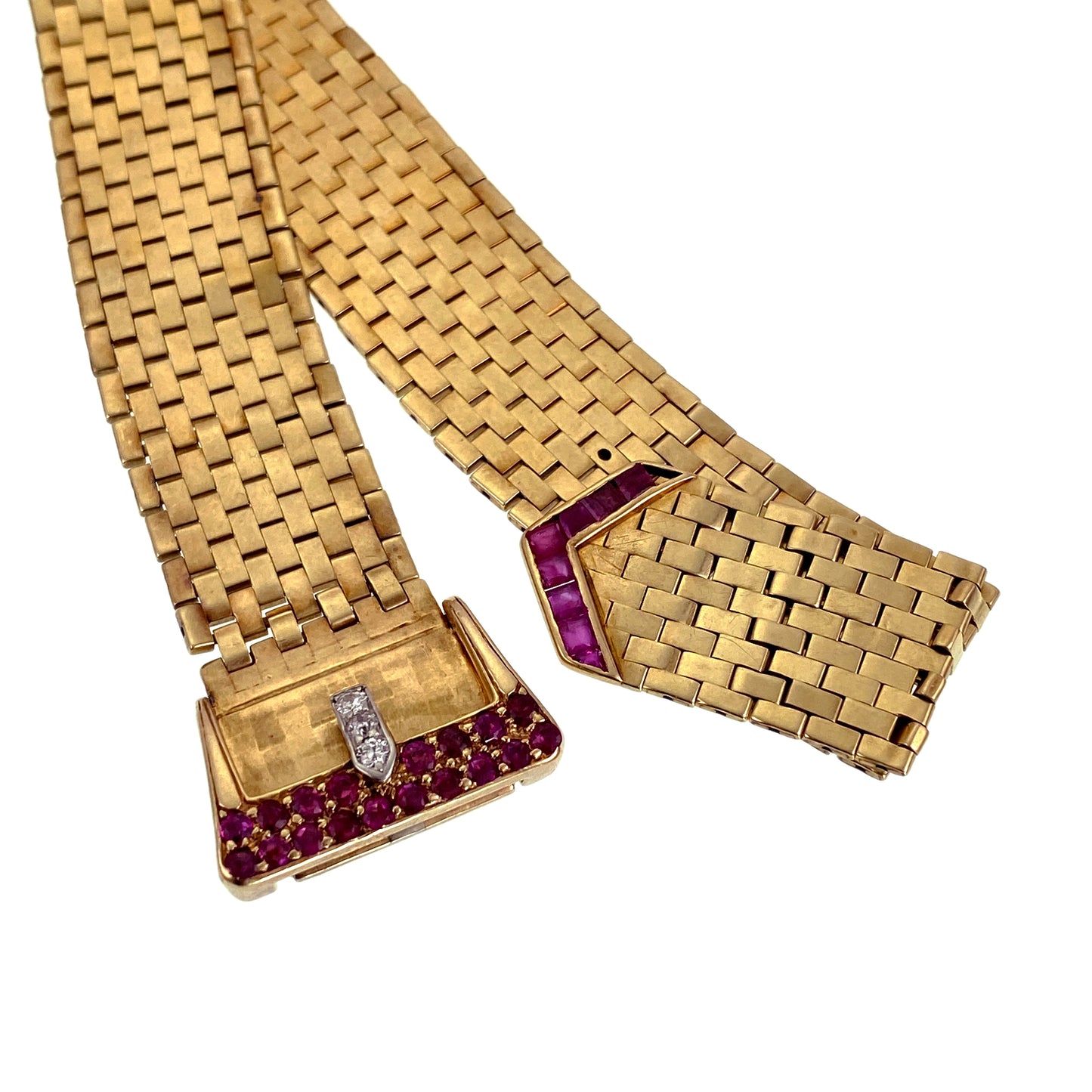 SOLD Retro 14K, Diamond & Ruby Buckle Bracelet