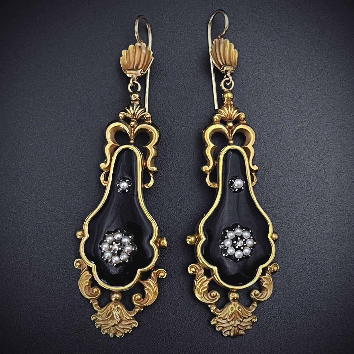 SOLD Fantastic Antique Victorian 14K, Diamond, Seed Pearl & Enamel Earrings