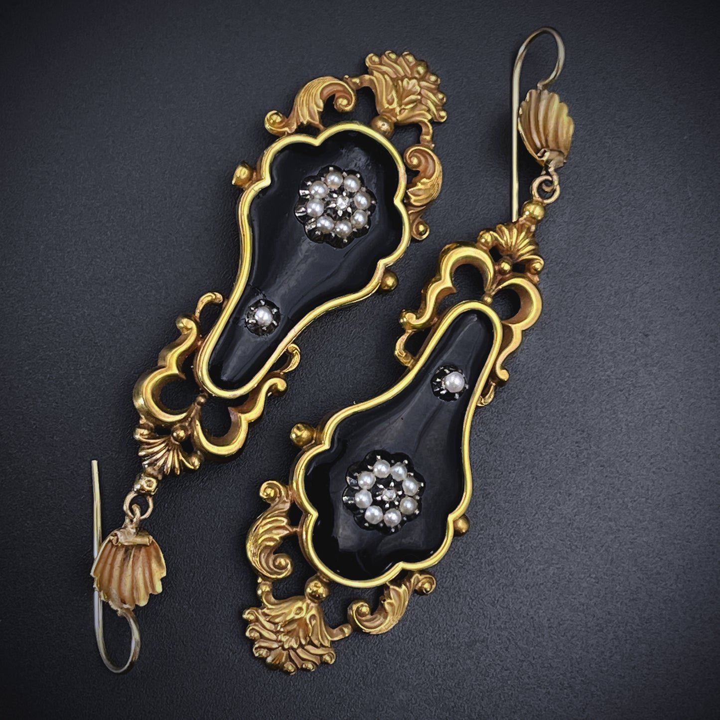 SOLD Fantastic Antique Victorian 14K, Diamond, Seed Pearl & Enamel Earrings
