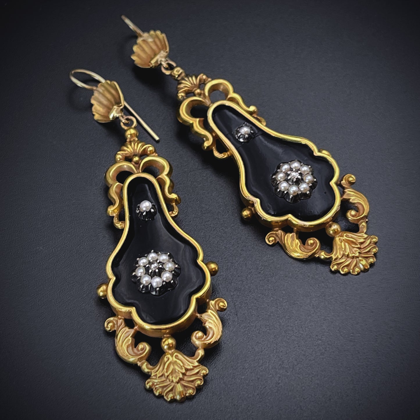 SOLD Fantastic Antique Victorian 14K, Diamond, Seed Pearl & Enamel Earrings