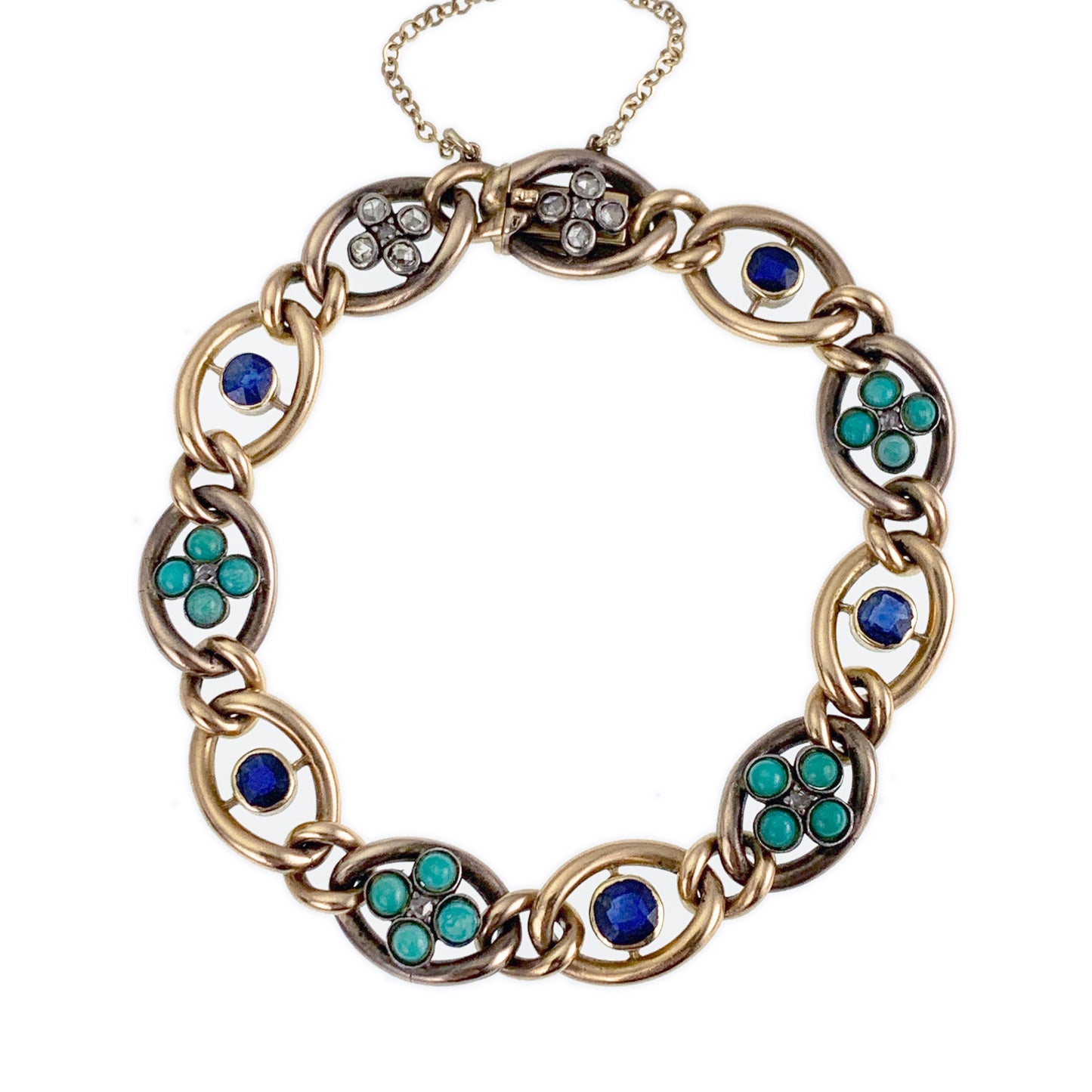 Antique 14K, Diamond, Sapphire & Turquoise Bracelet