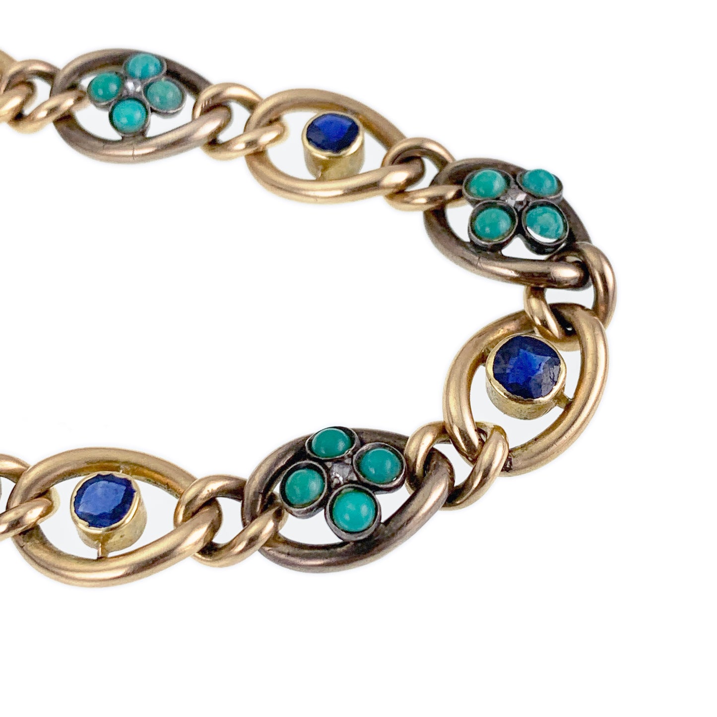 Antique 14K, Diamond, Sapphire & Turquoise Bracelet