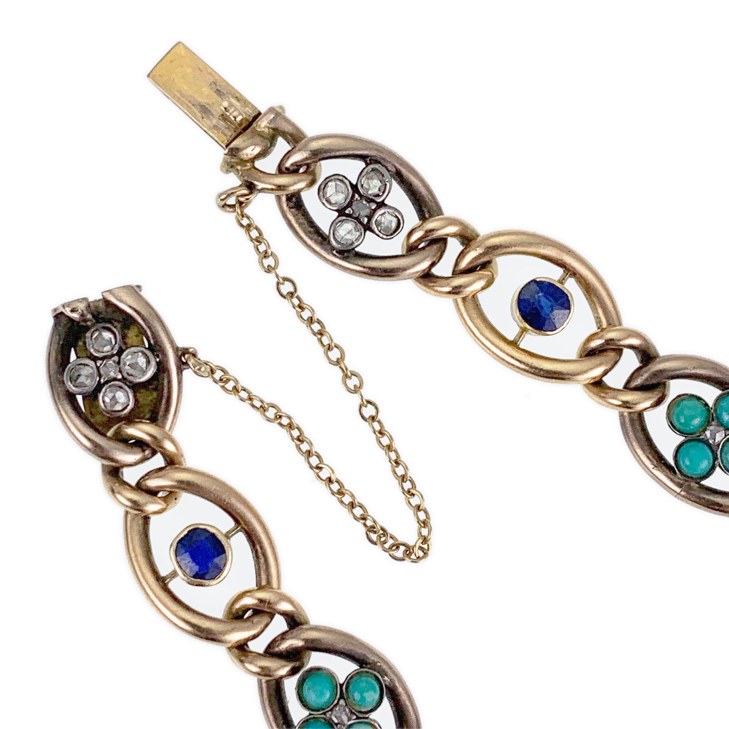Antique 14K, Diamond, Sapphire & Turquoise Bracelet