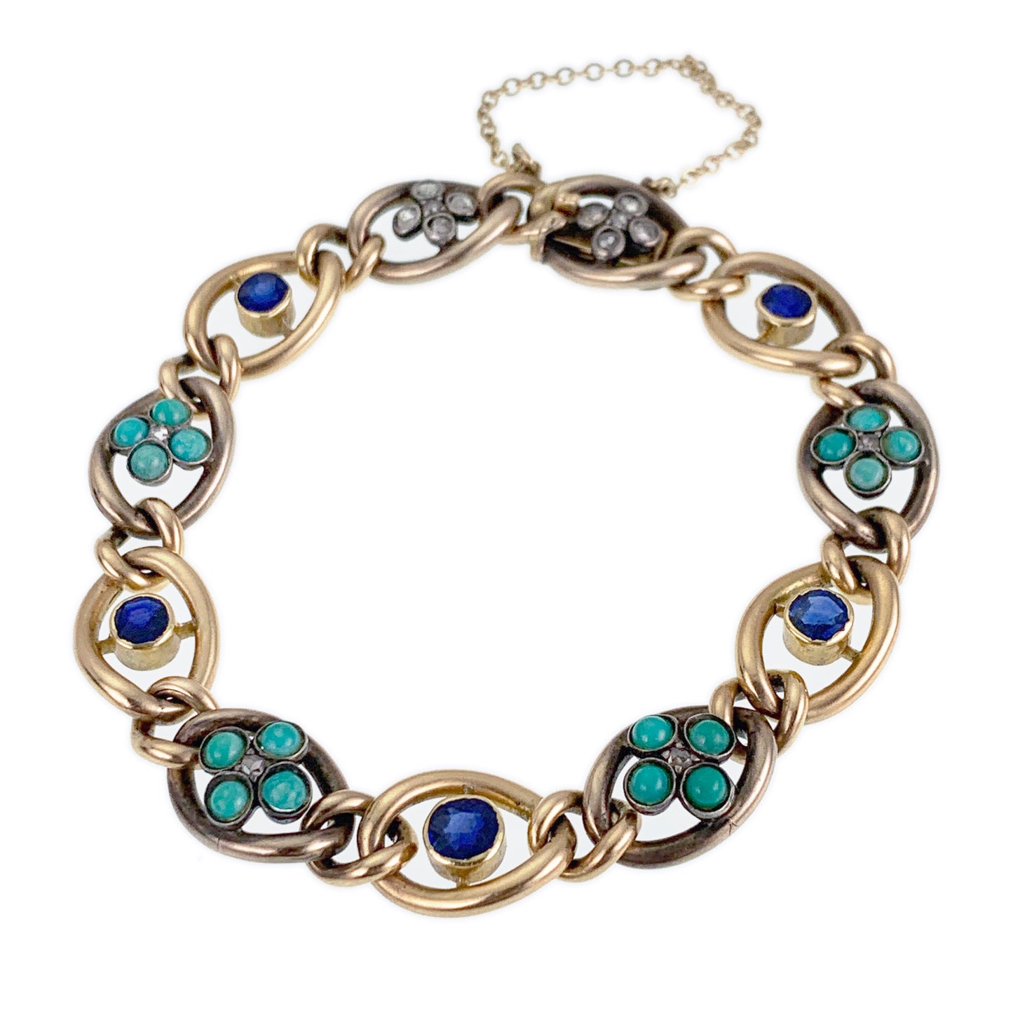 Antique 14K, Diamond, Sapphire & Turquoise Bracelet