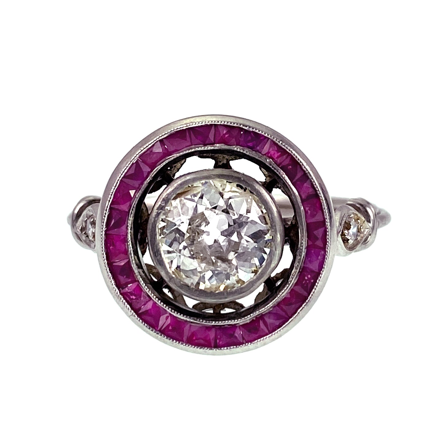 SOLD Late Deco Platinum, Diamond & Ruby Target Ring